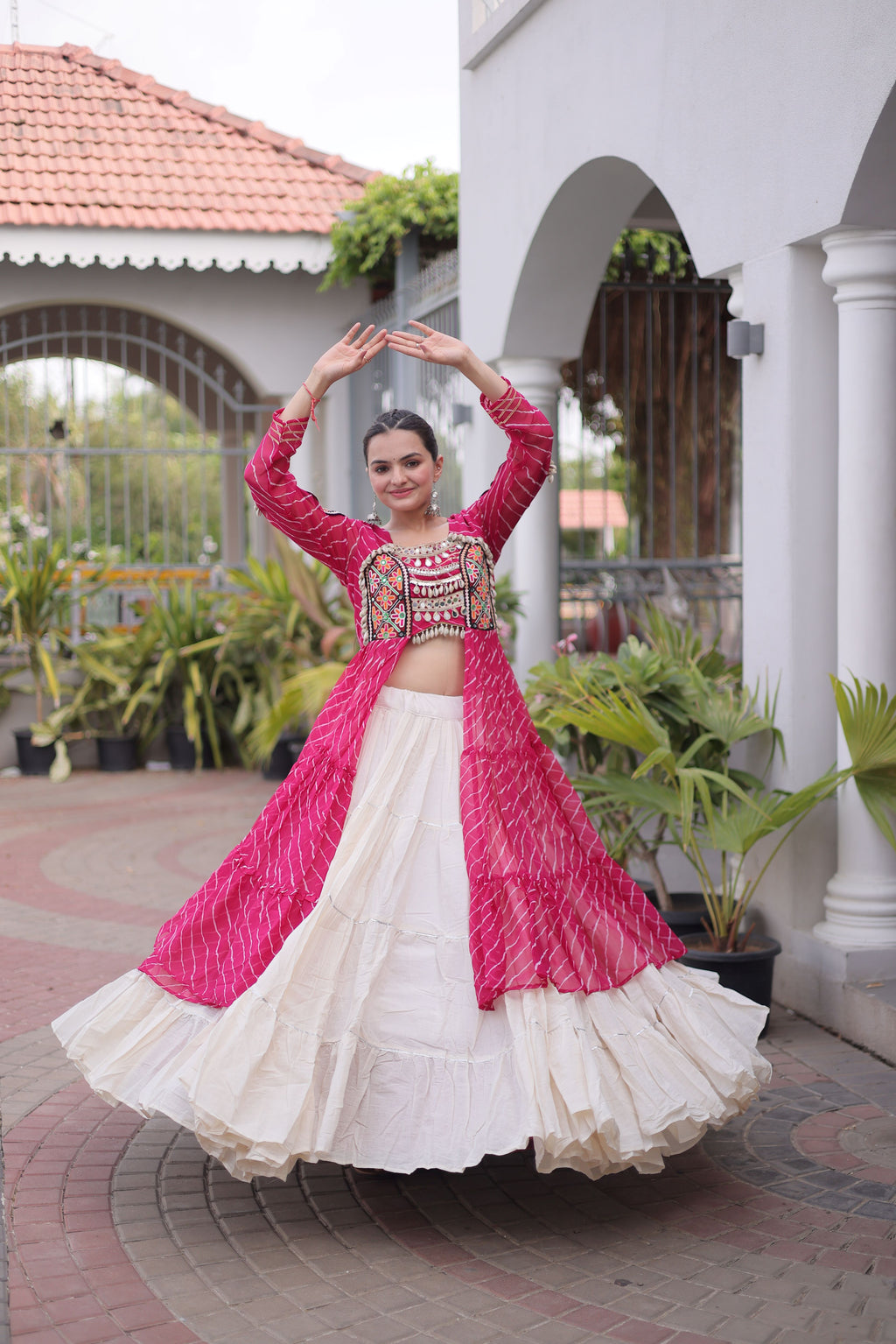 Kora Cotton Leheriya Printed Navratri Lehenga With Kurti