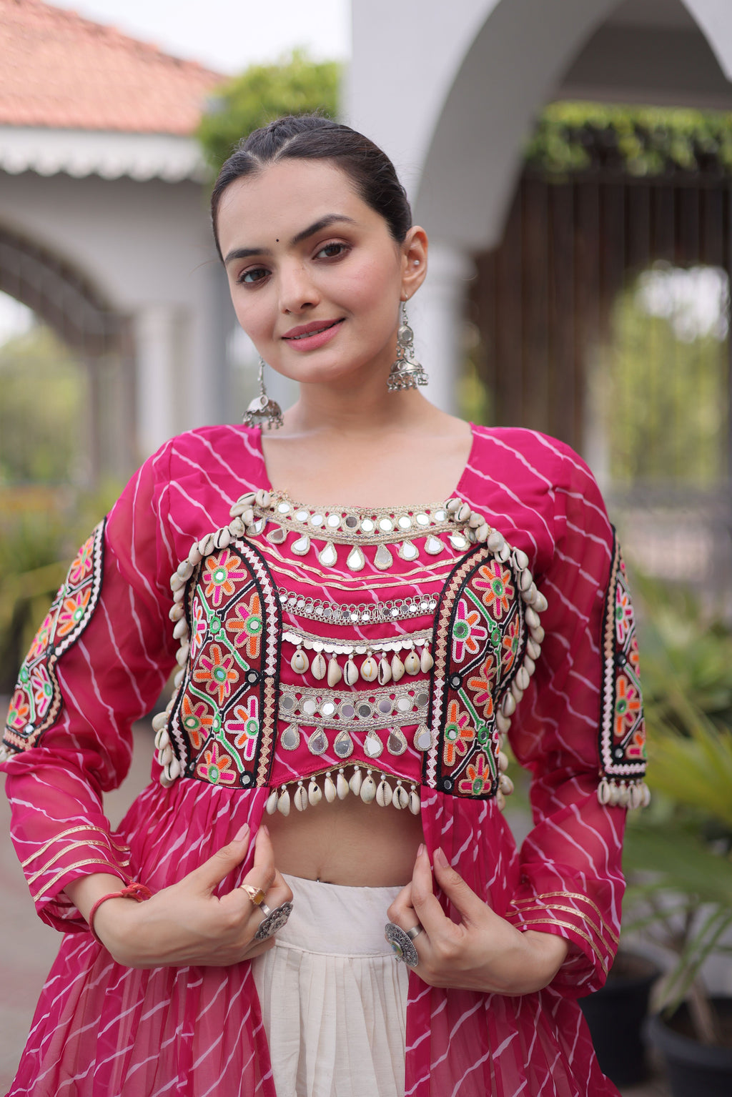 Kora Cotton Leheriya Printed Navratri Lehenga With Kurti