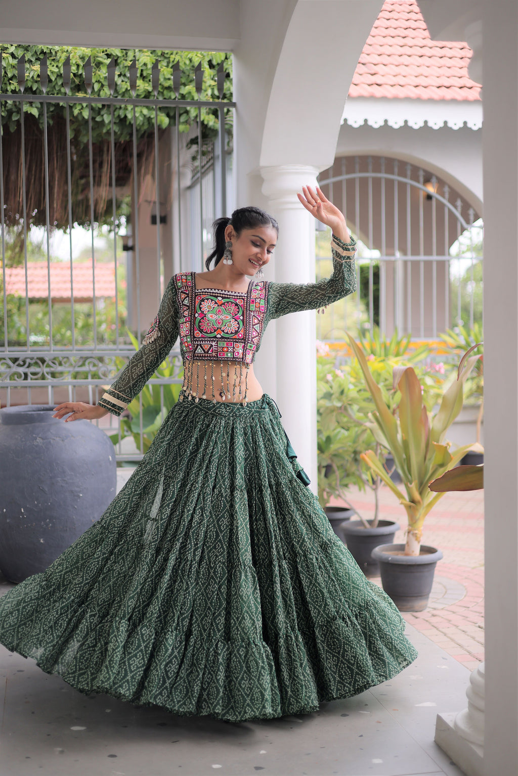 Faux Georgette Bandhani Printed Navratri Lehenga