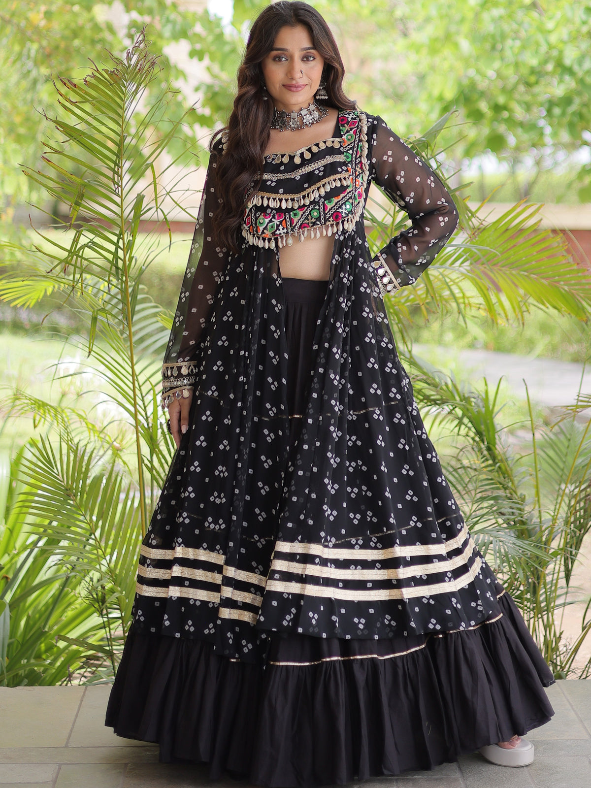 Kora Cotton Bandhani Printed Navratri Lehenga With Kurti