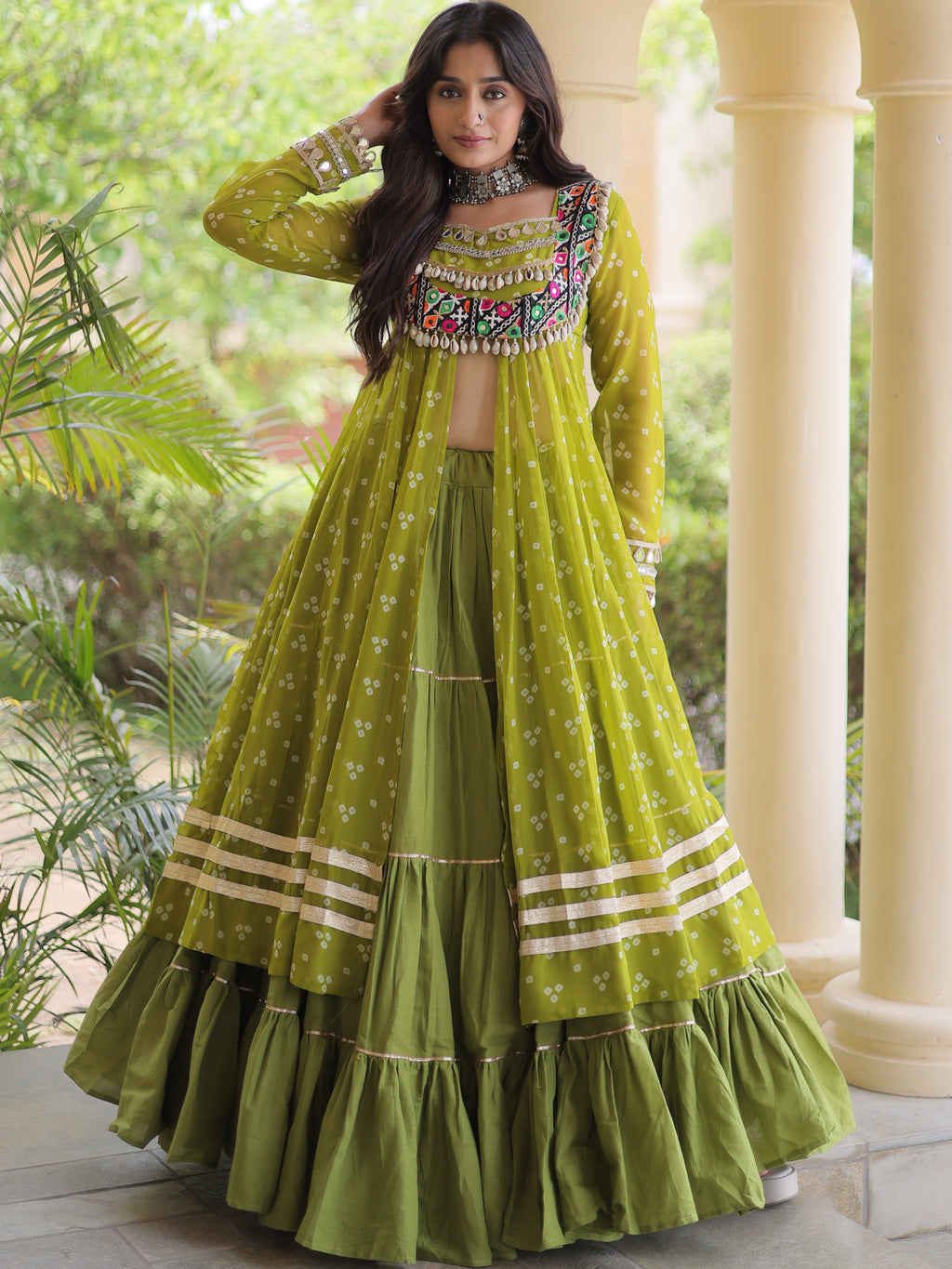 Kora Cotton Bandhani Printed Navratri Lehenga With Kurti