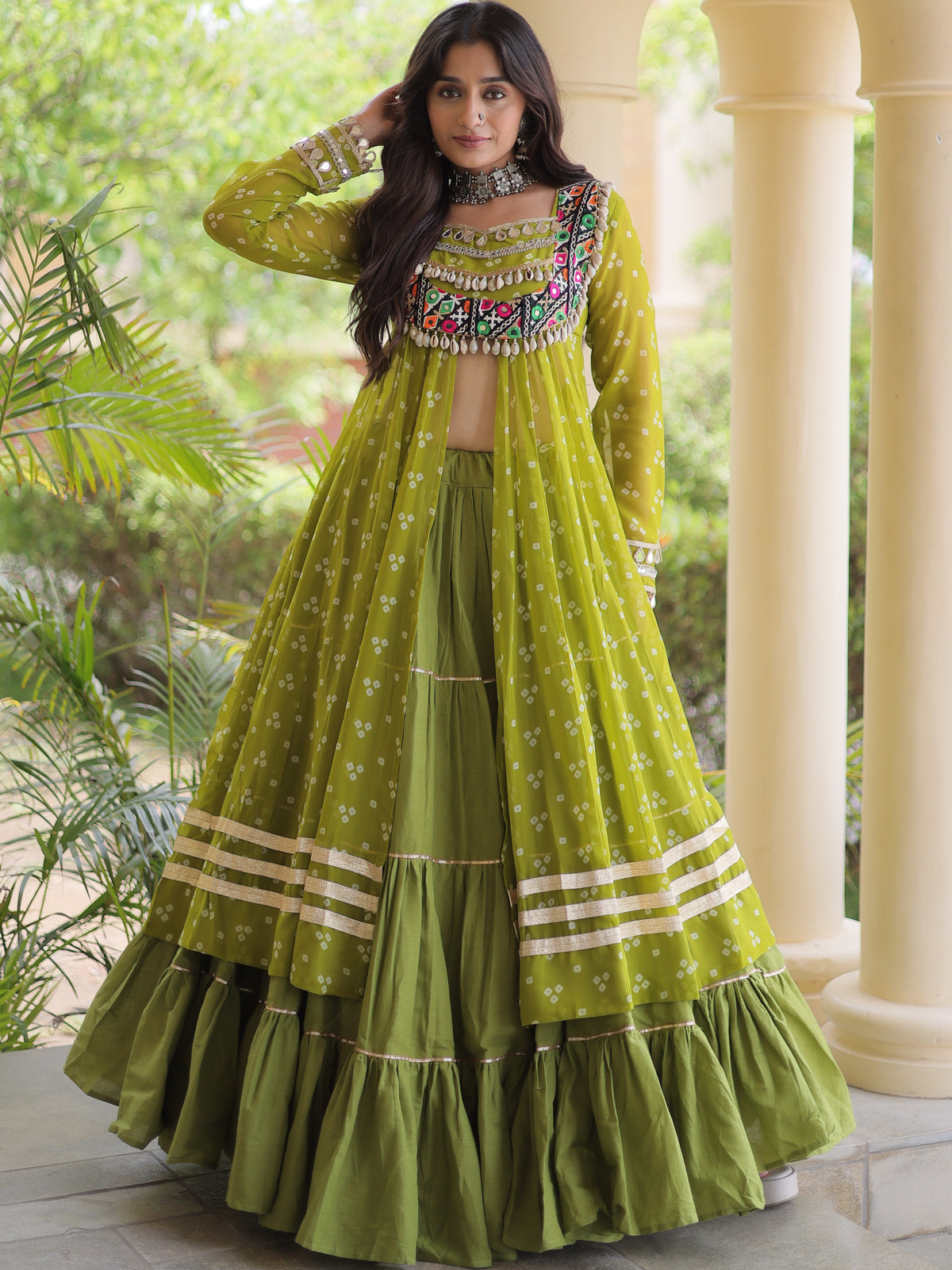 Kora Cotton Bandhani Printed Navratri Lehenga With Kurti