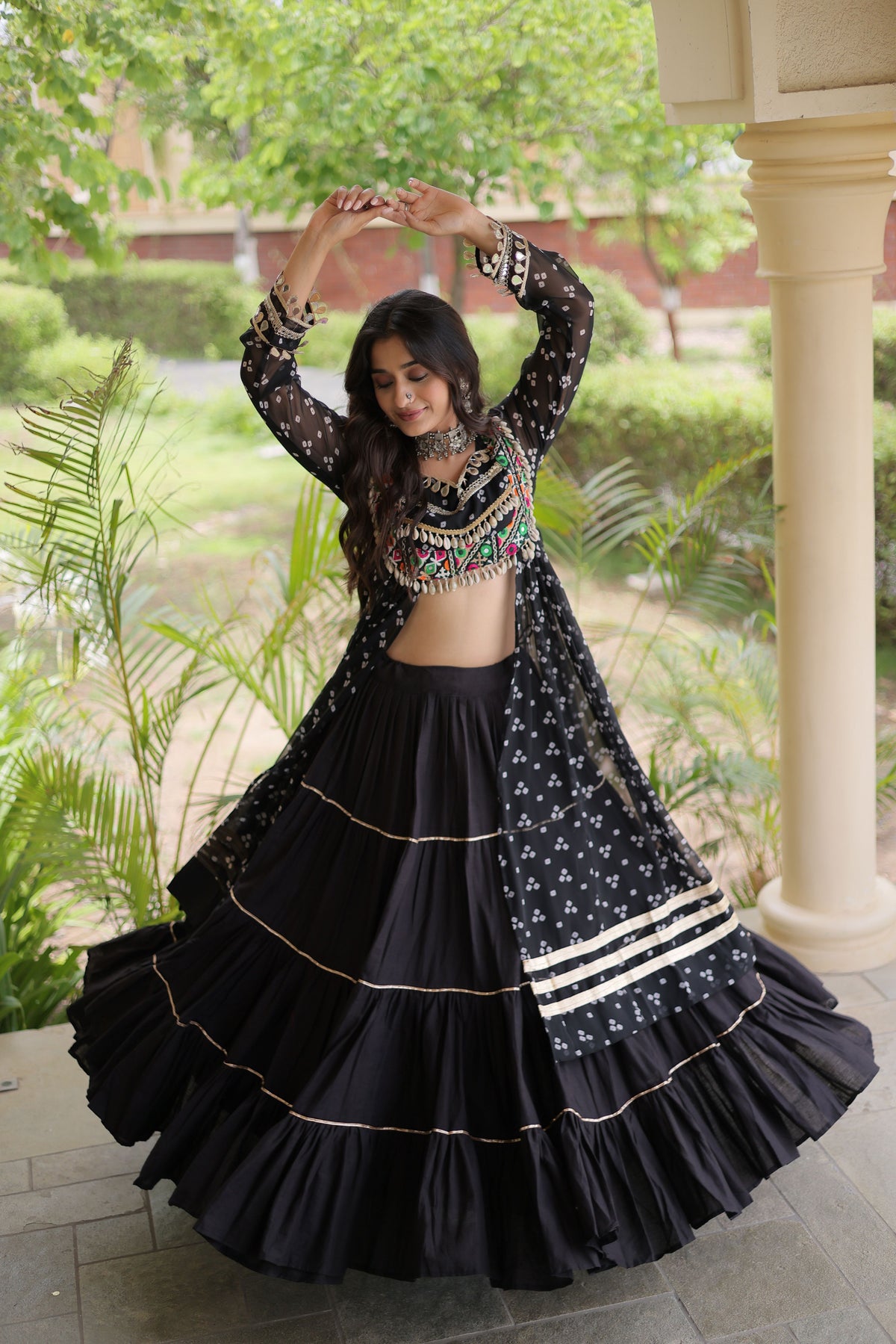 Kora Cotton Bandhani Printed Navratri Lehenga With Kurti