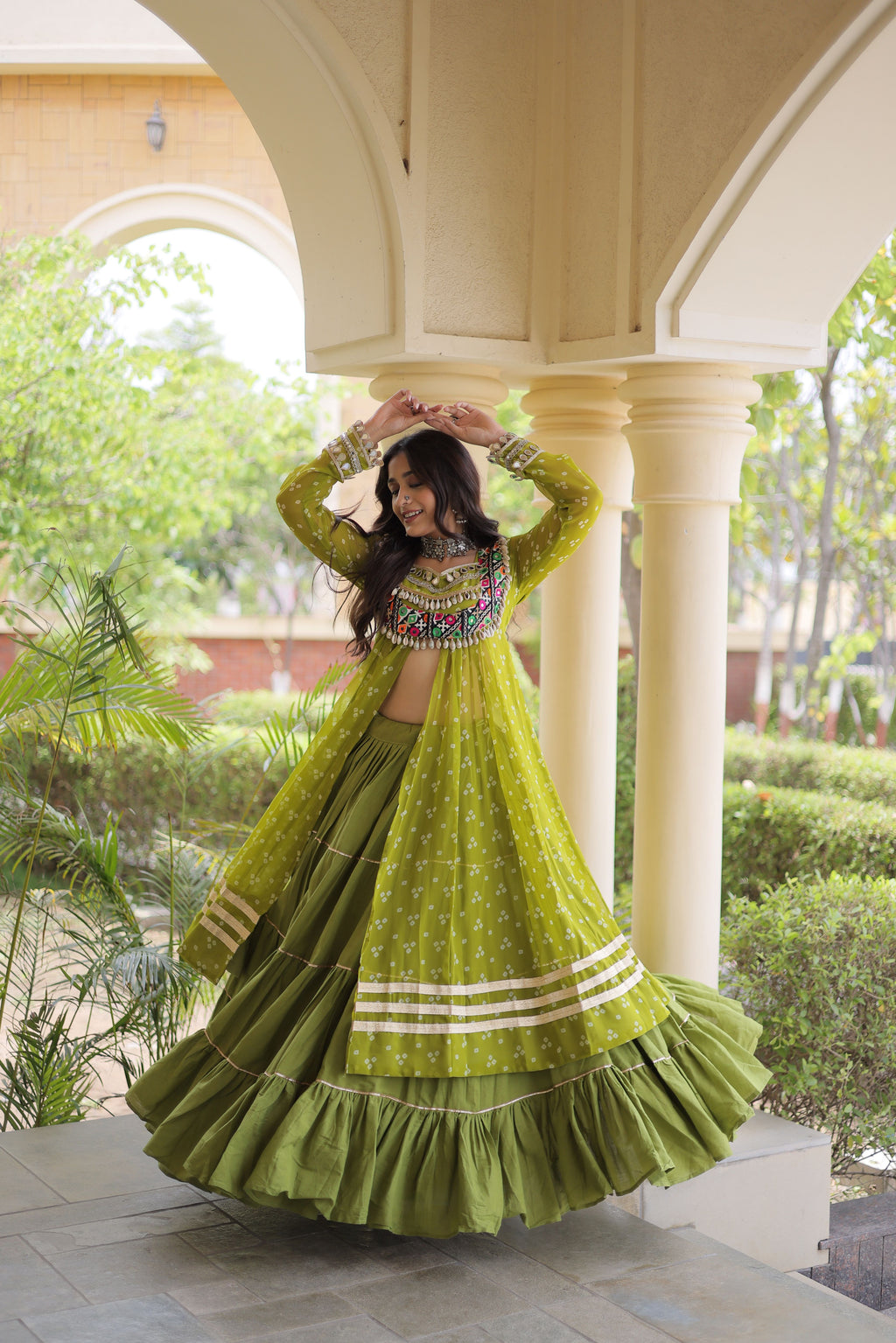 Kora Cotton Bandhani Printed Navratri Lehenga With Kurti