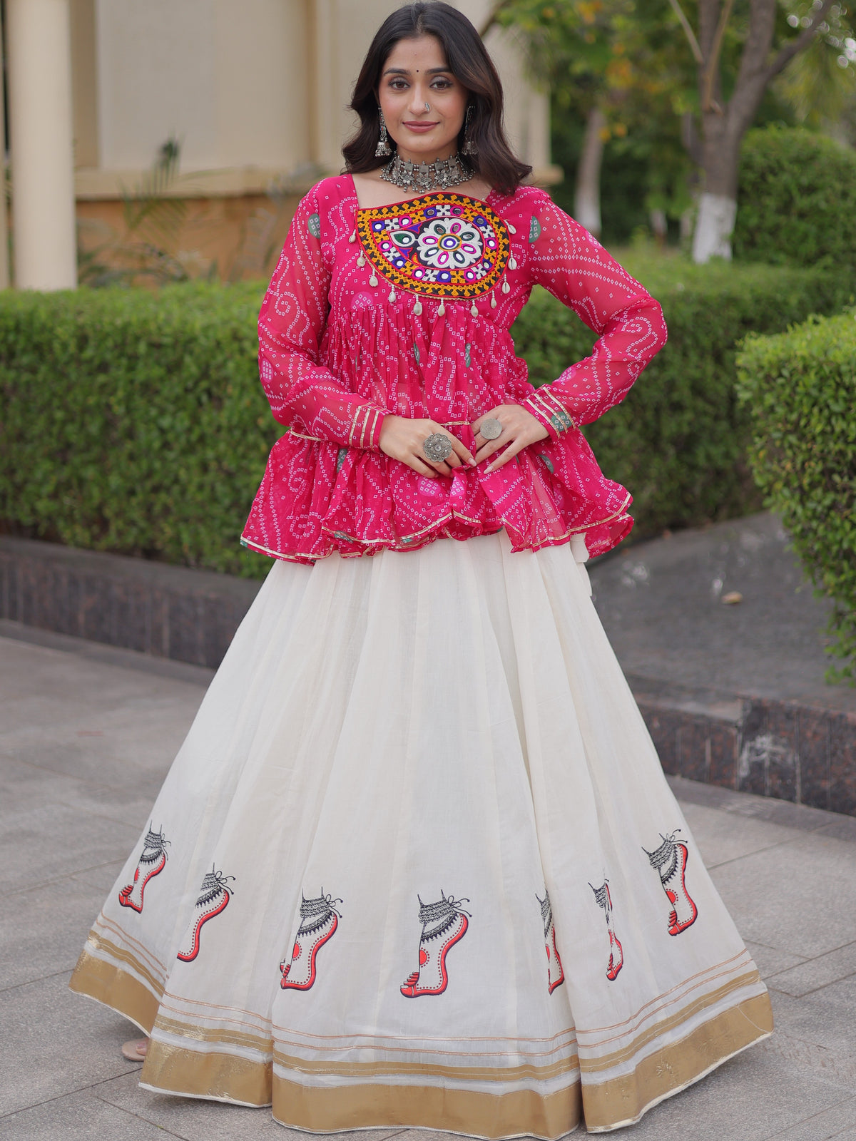 Kora Cotton Navratri Lehenga With Bandhani Printed Top