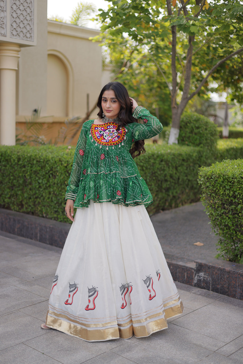 Kora Cotton Navratri Lehenga With Bandhani Printed Top