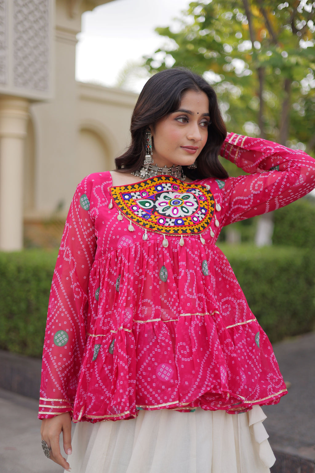 Kora Cotton Navratri Lehenga With Bandhani Printed Top