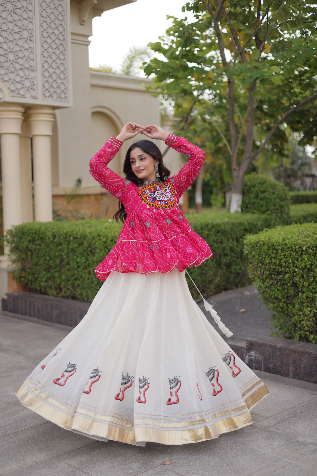 Kora Cotton Navratri Lehenga With Bandhani Printed Top