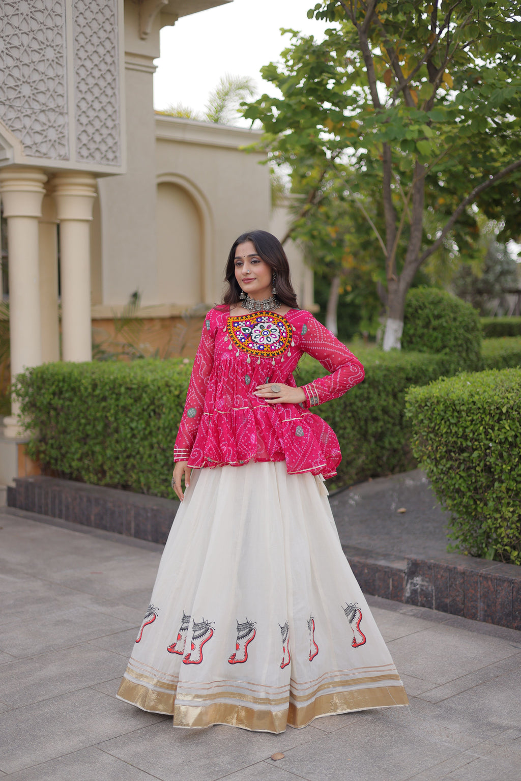 Kora Cotton Navratri Lehenga With Bandhani Printed Top