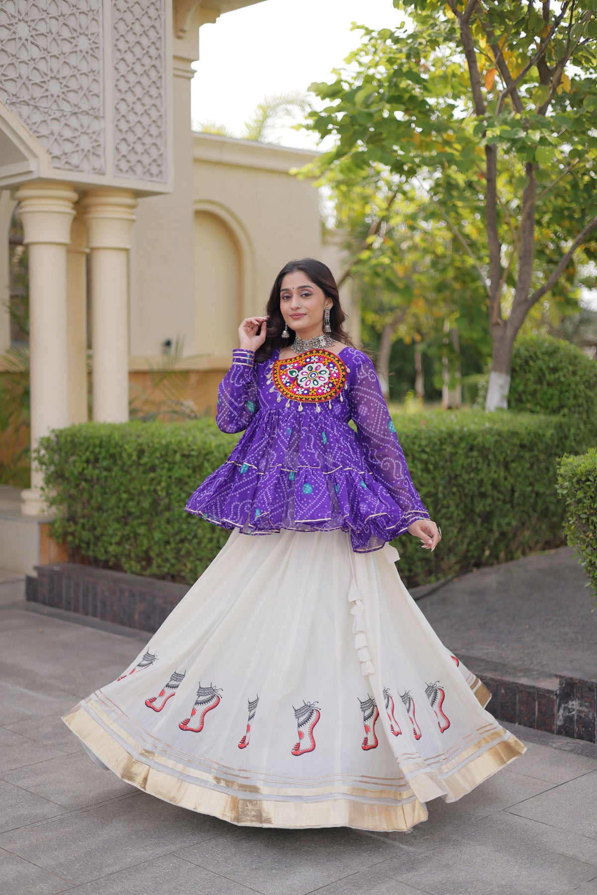 Kora Cotton Navratri Lehenga With Bandhani Printed Top
