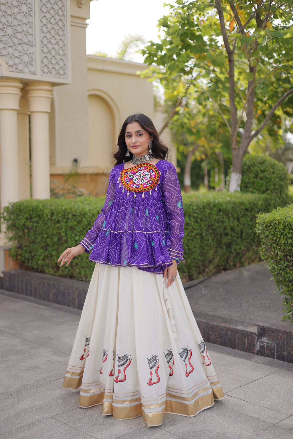 Kora Cotton Navratri Lehenga With Bandhani Printed Top