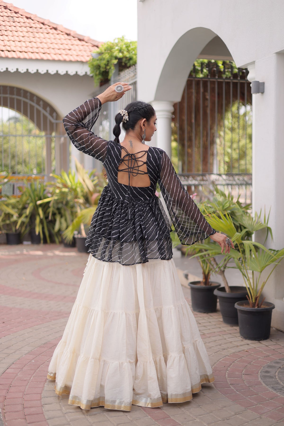 Kora Cotton Laheriya Printed Navratri Lehenga With Top