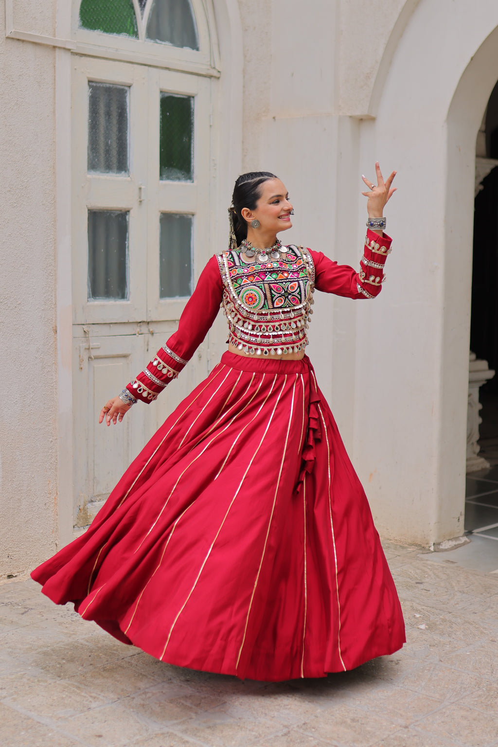 Roman Silk Gamthi Work Navratri Lehenga With Top