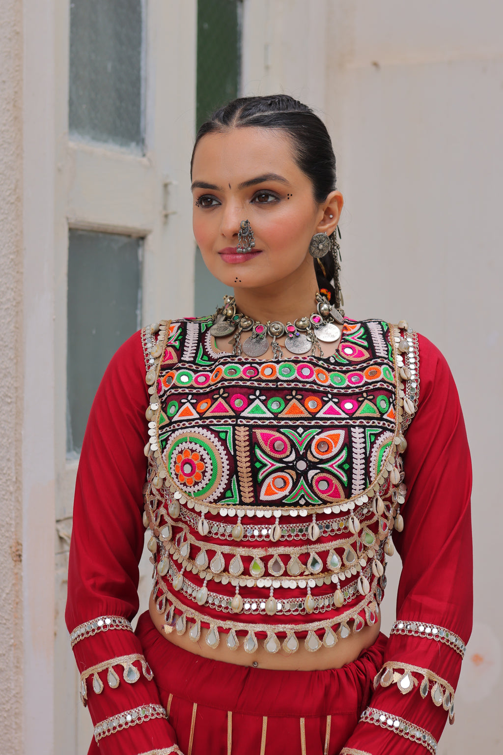 Roman Silk Gamthi Work Navratri Lehenga With Top