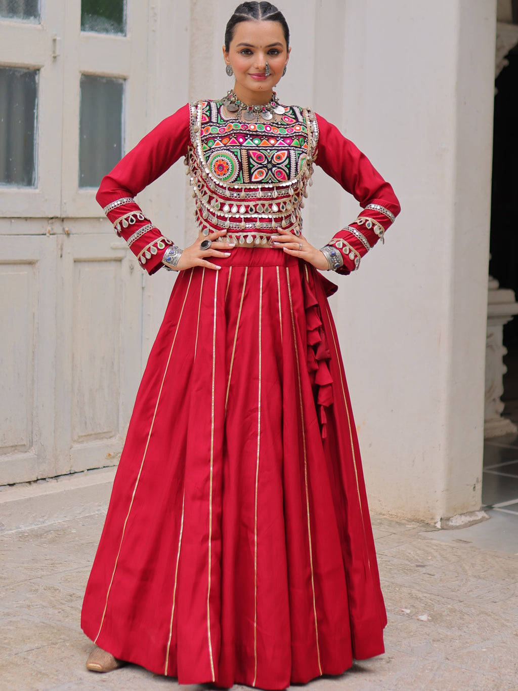 Roman Silk Gamthi Work Navratri Lehenga With Top