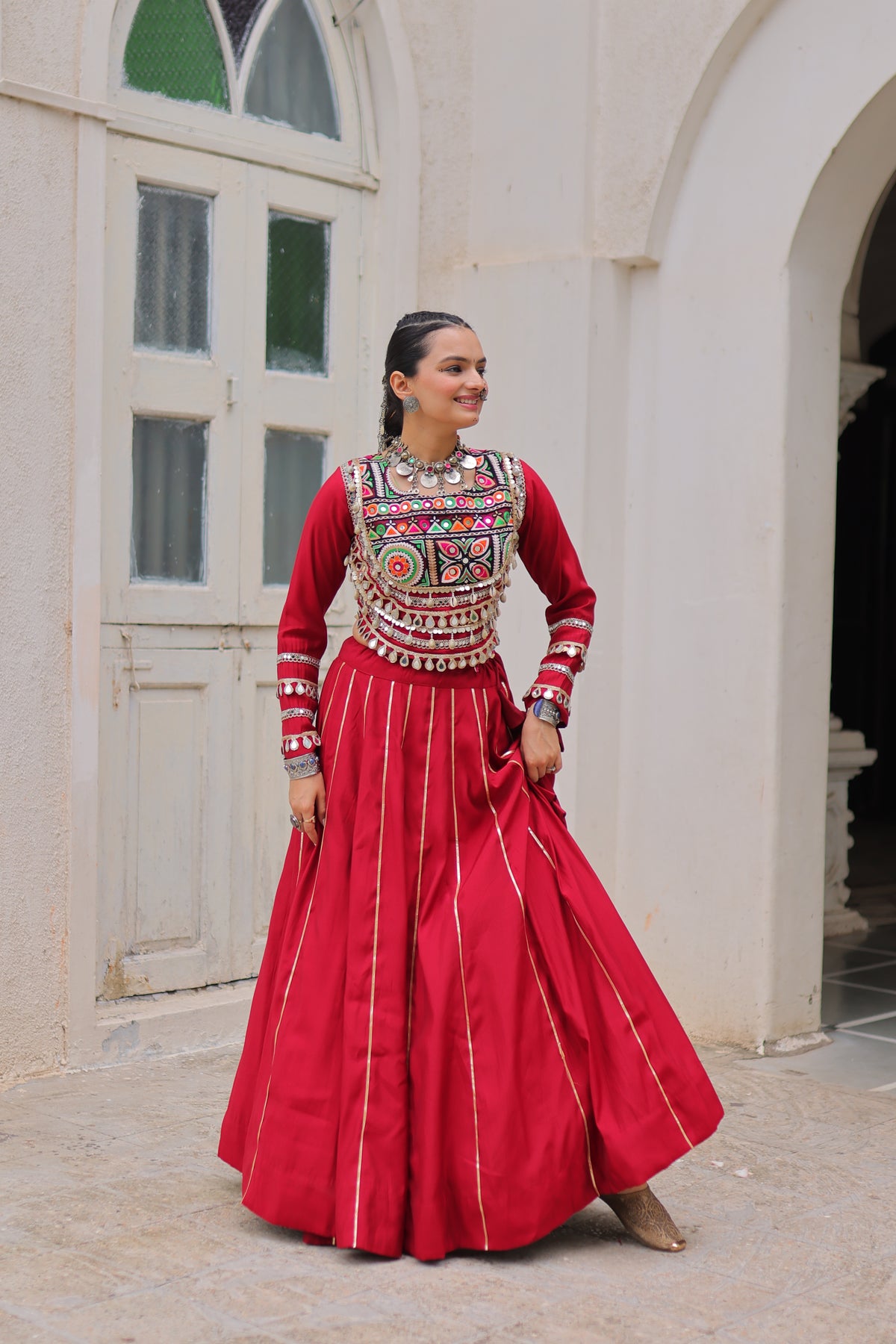 Roman Silk Gamthi Work Navratri Lehenga With Top