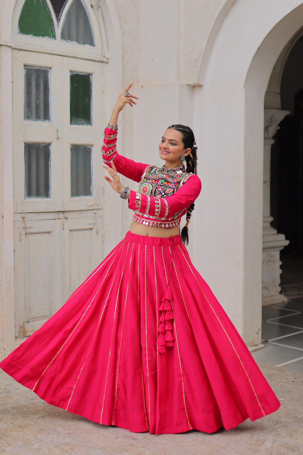 Roman Silk Gamthi Work Navratri Lehenga With Top