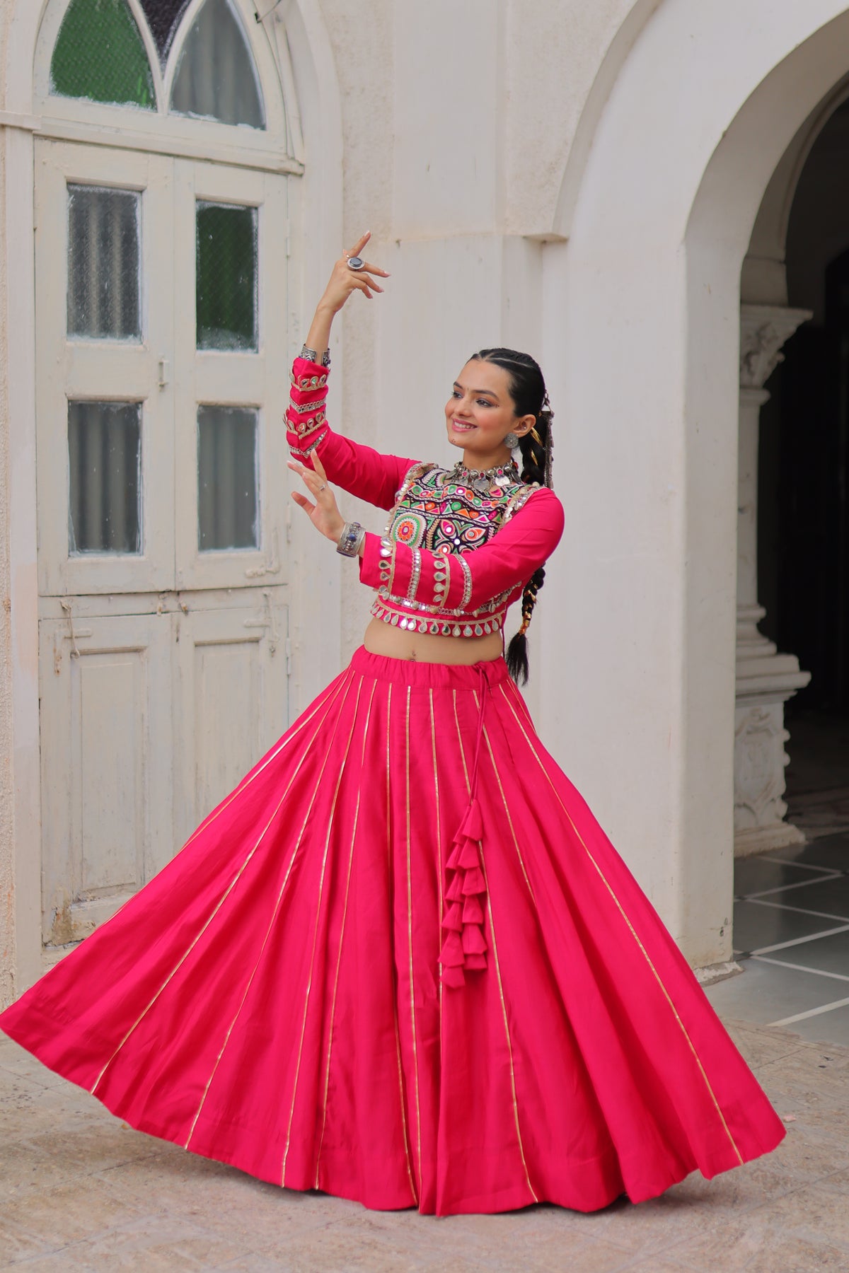 Roman Silk Gamthi Work Navratri Lehenga With Top