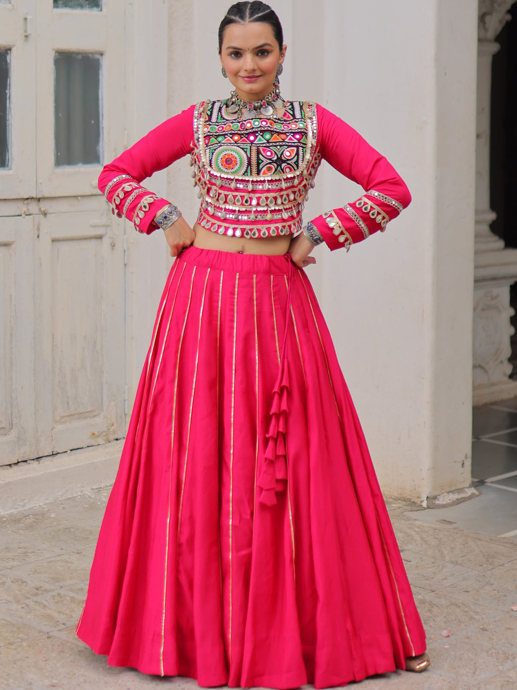 Roman Silk Gamthi Work Navratri Lehenga With Top