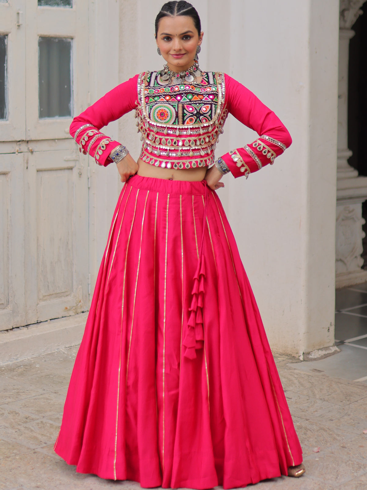 Roman Silk Gamthi Work Navratri Lehenga With Top