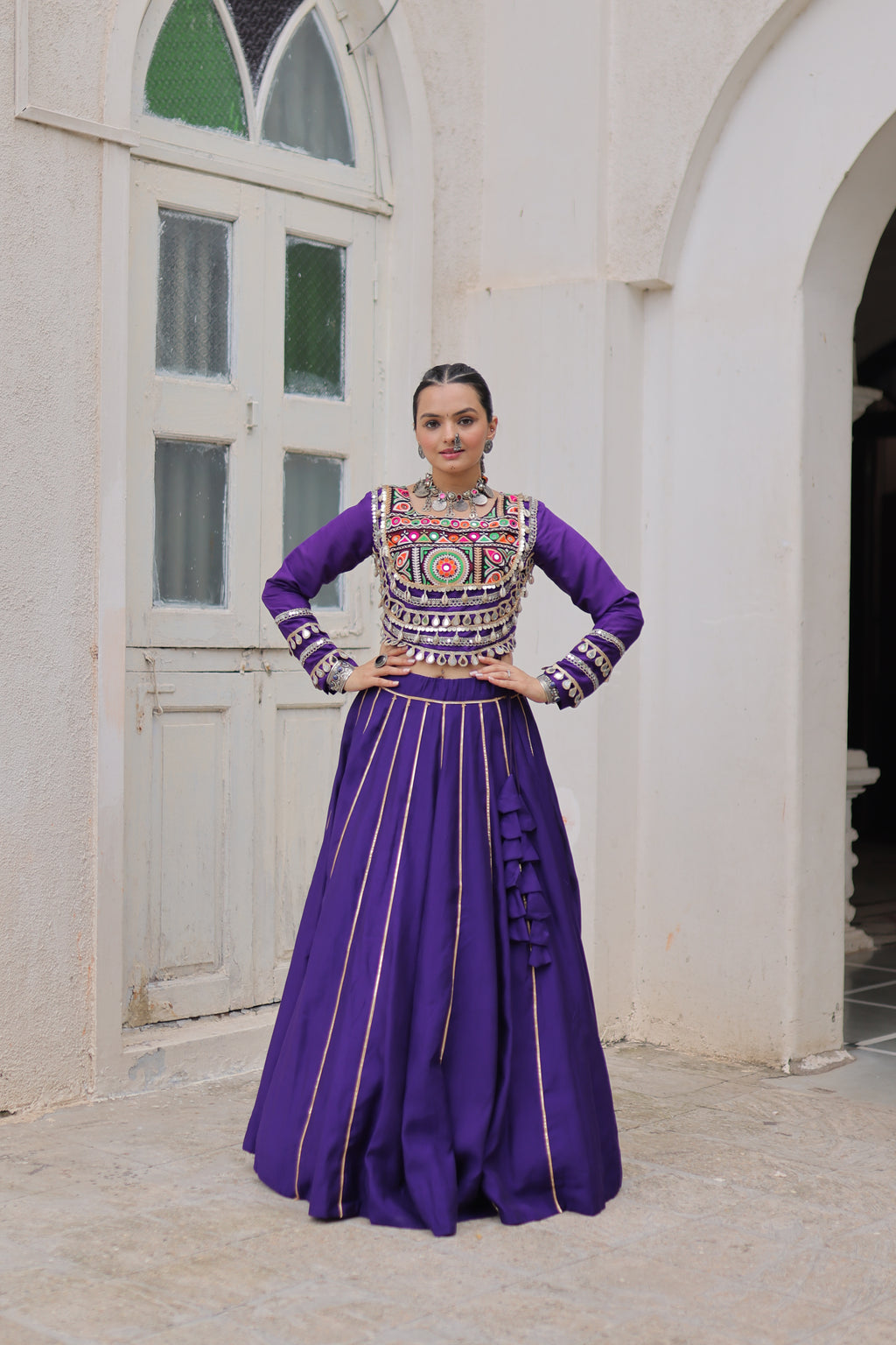 Roman Silk Gamthi Work Navratri Lehenga With Top