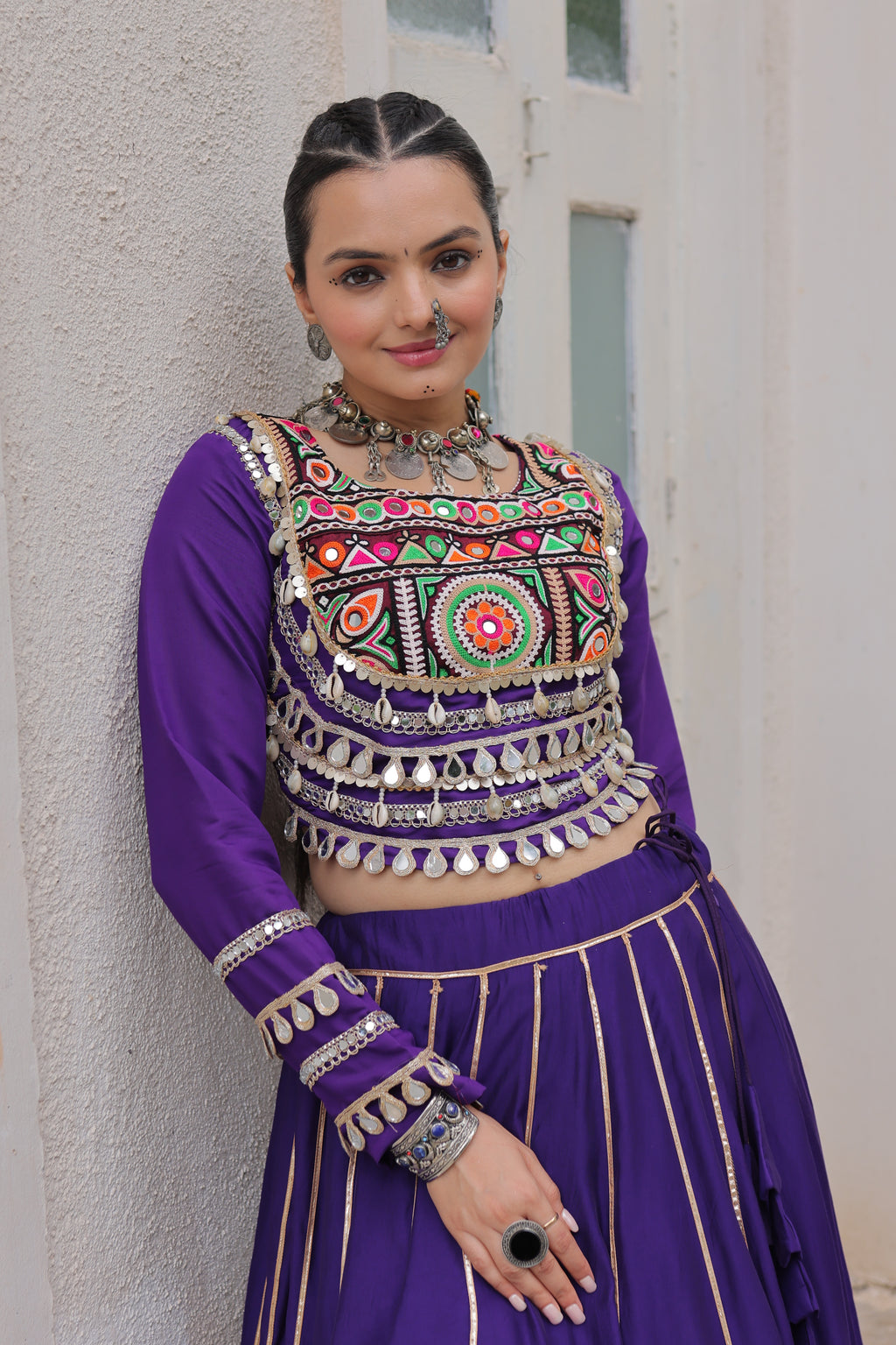 Roman Silk Gamthi Work Navratri Lehenga With Top