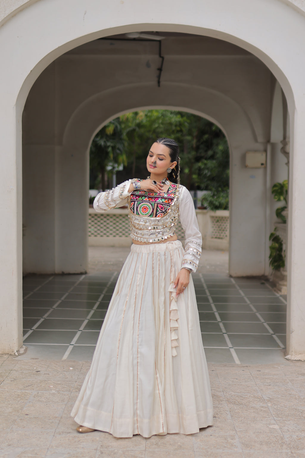 Roman Silk Gamthi Work Navratri Lehenga With Top