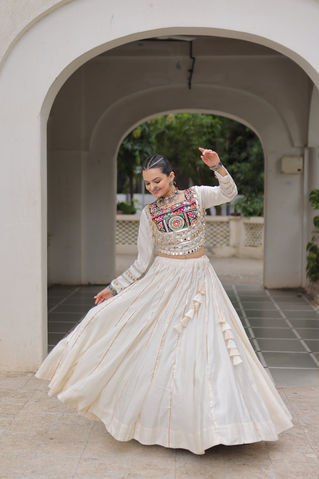 Roman Silk Gamthi Work Navratri Lehenga With Top