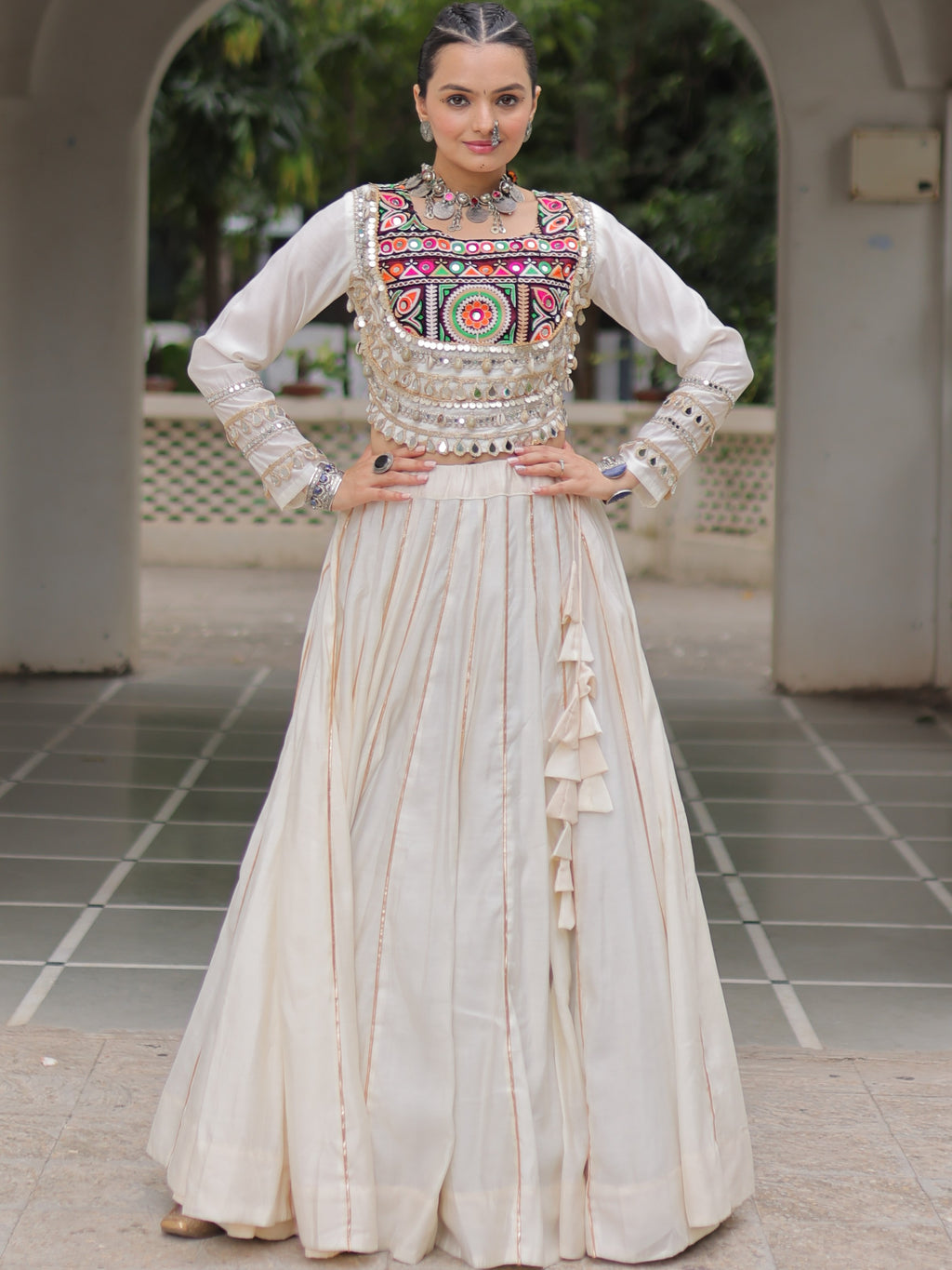 Roman Silk Gamthi Work Navratri Lehenga With Top