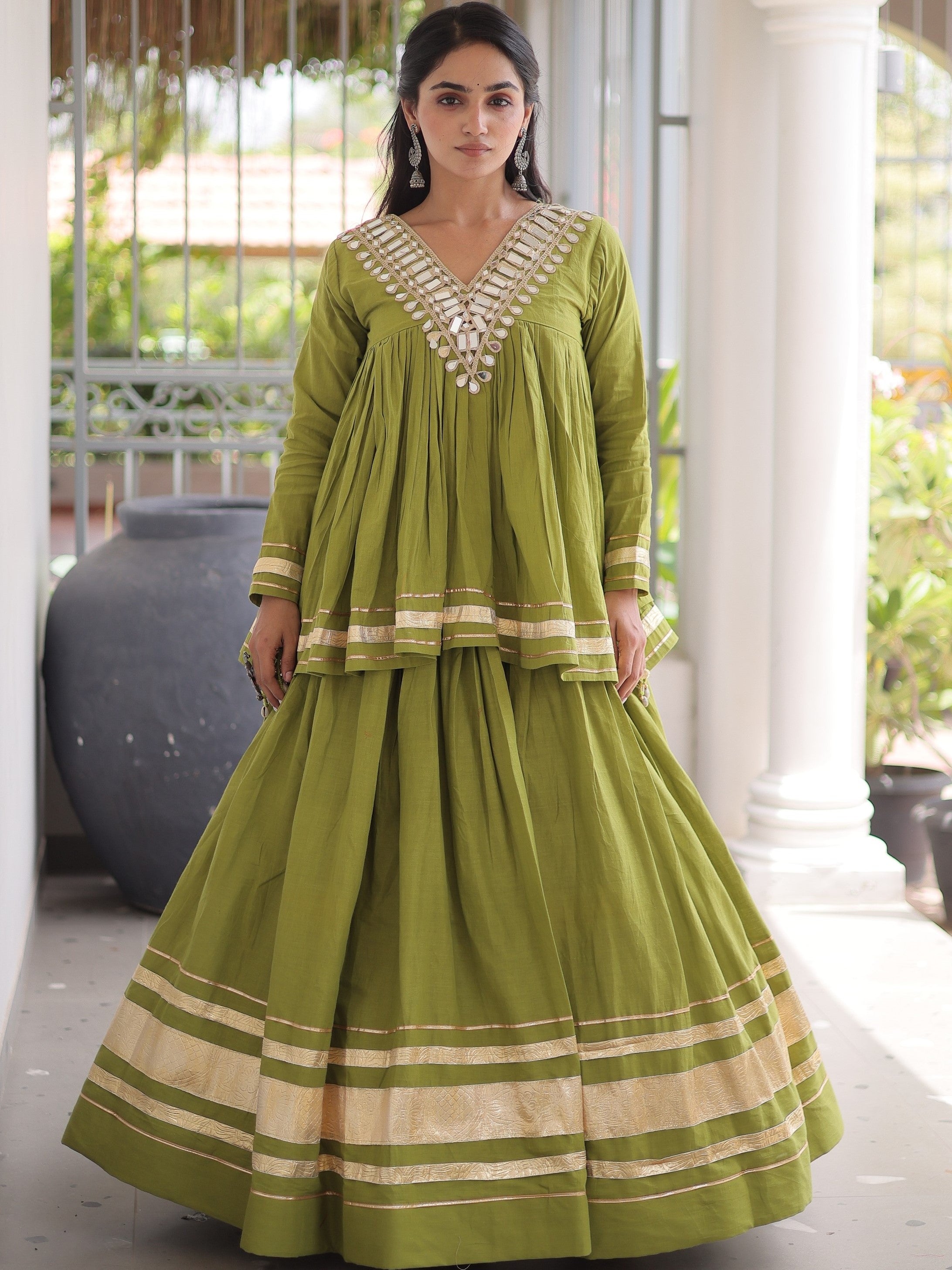 Cotton Real Mirror Work Navratri Lehenga With Top