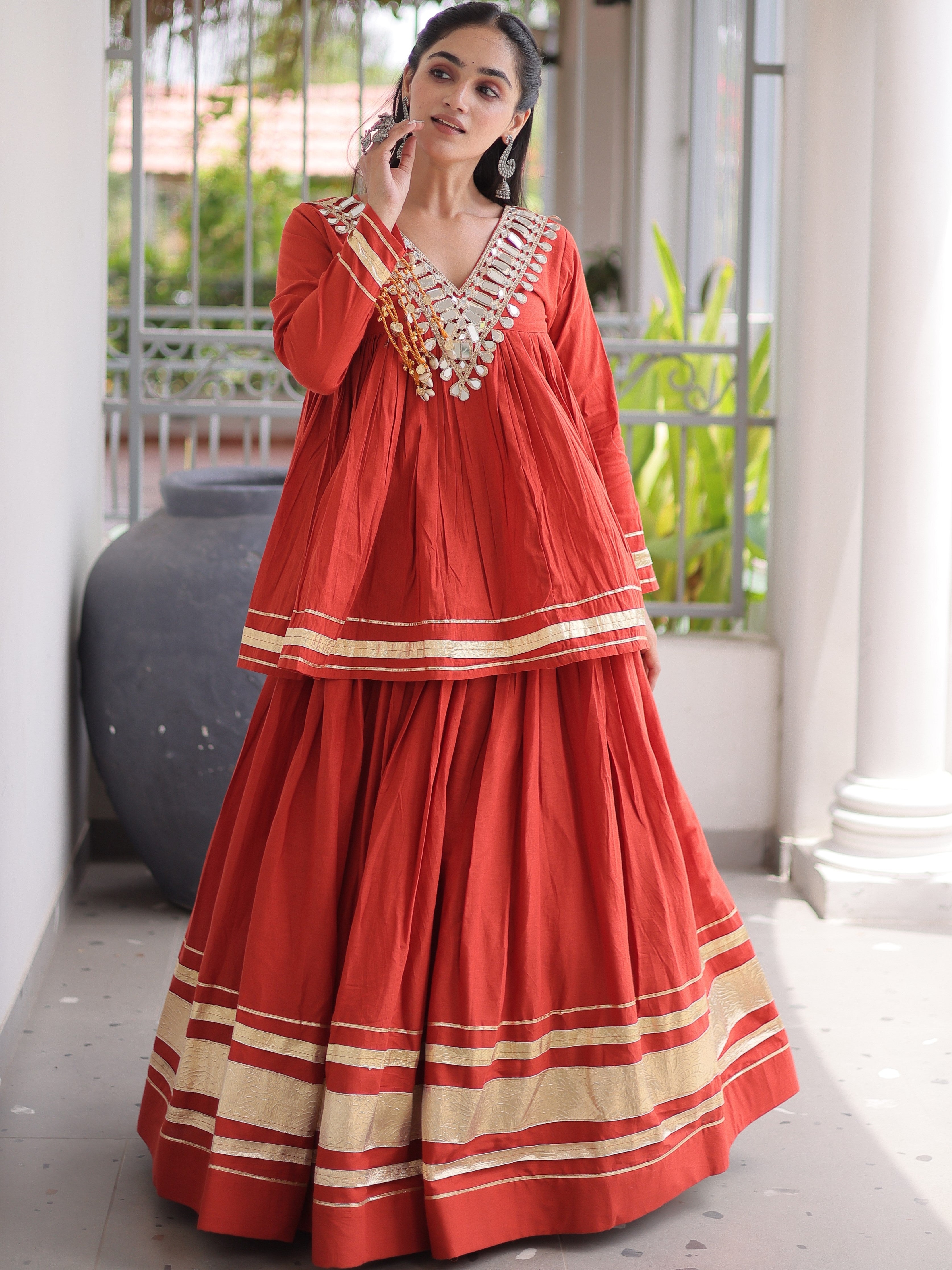 Cotton Real Mirror Work Navratri Lehenga With Top