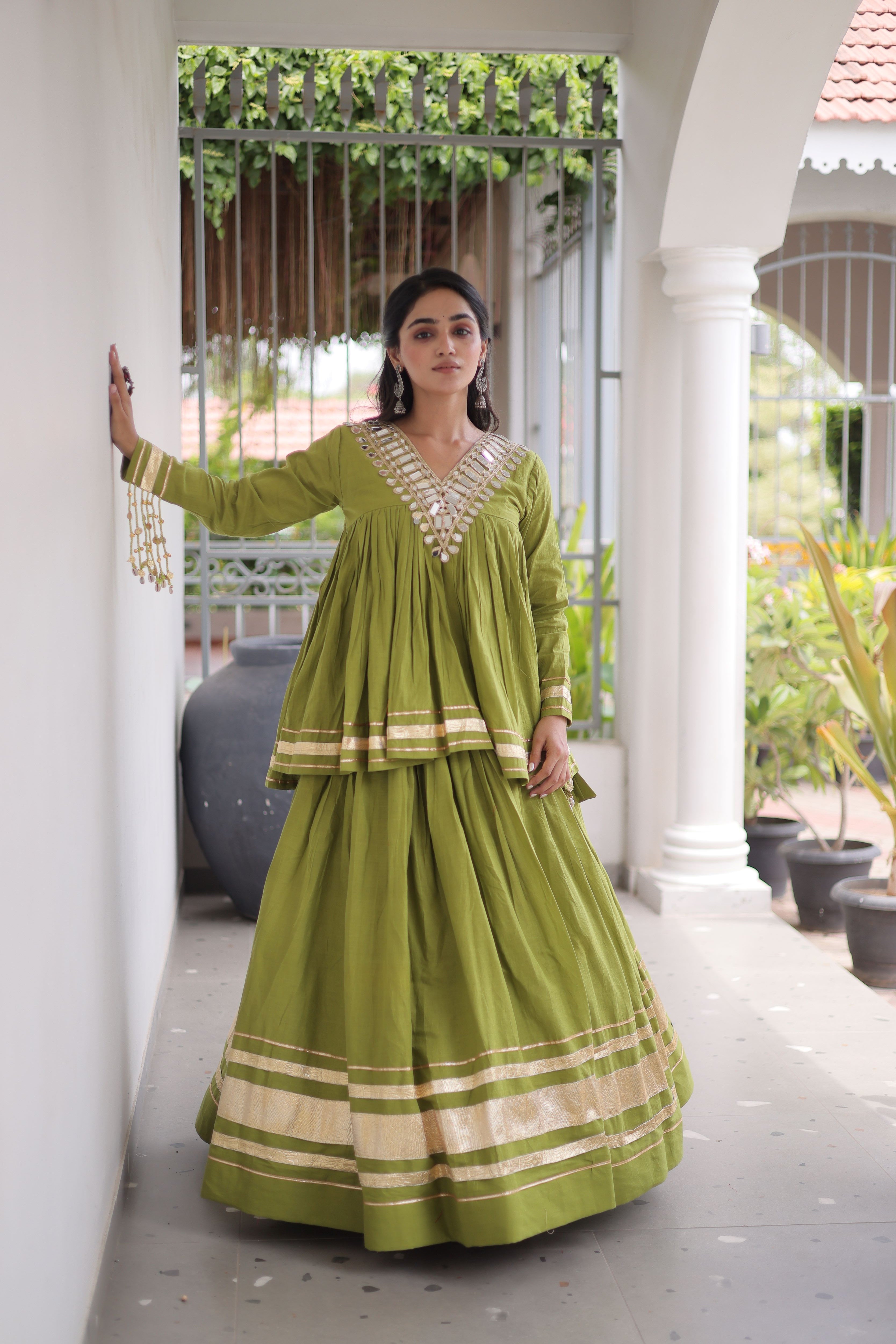 Cotton Real Mirror Work Navratri Lehenga With Top