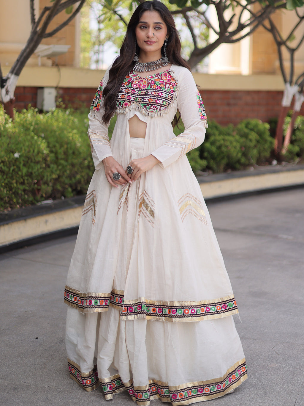 Kora Cotton Gamthi Work Navratri Lehenga With Shrug