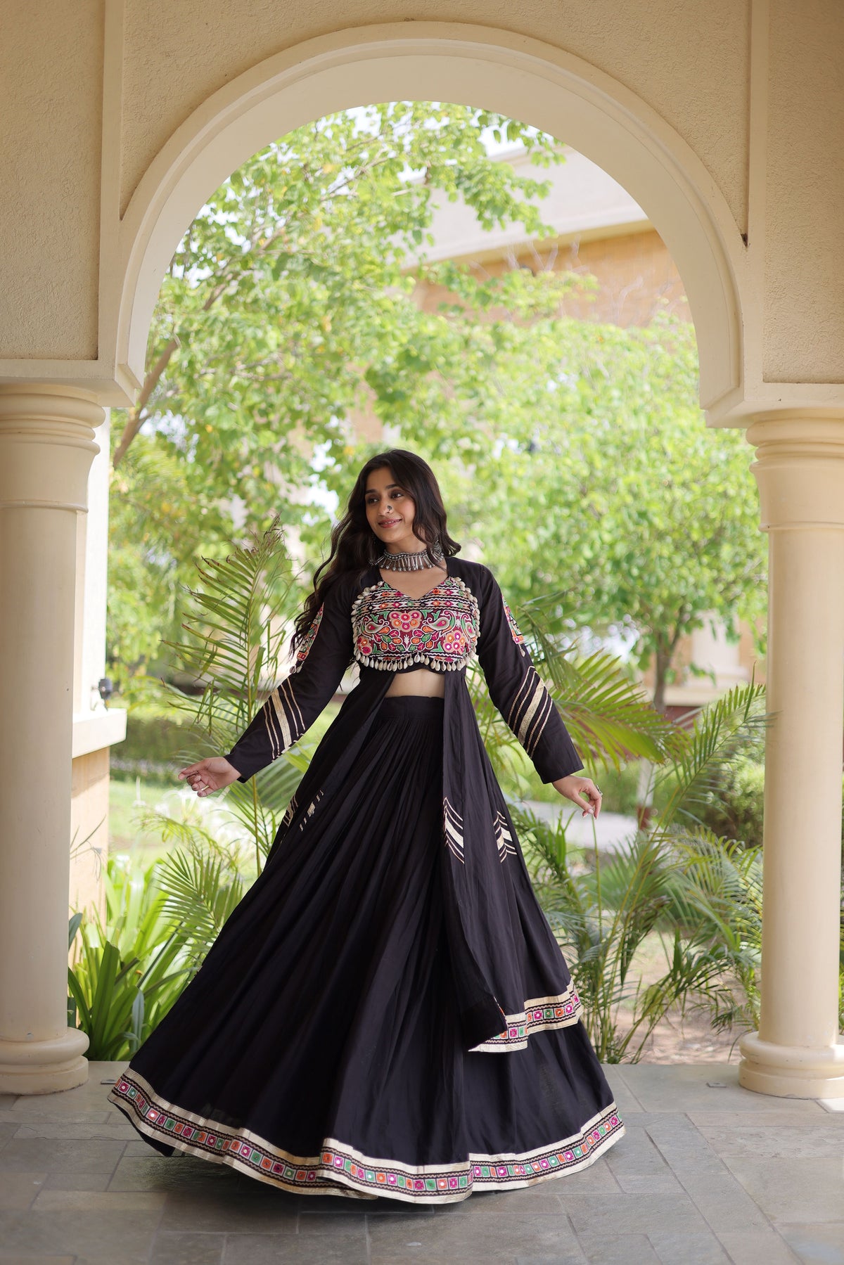 Kora Cotton Gamthi Work Navratri Lehenga With Shrug