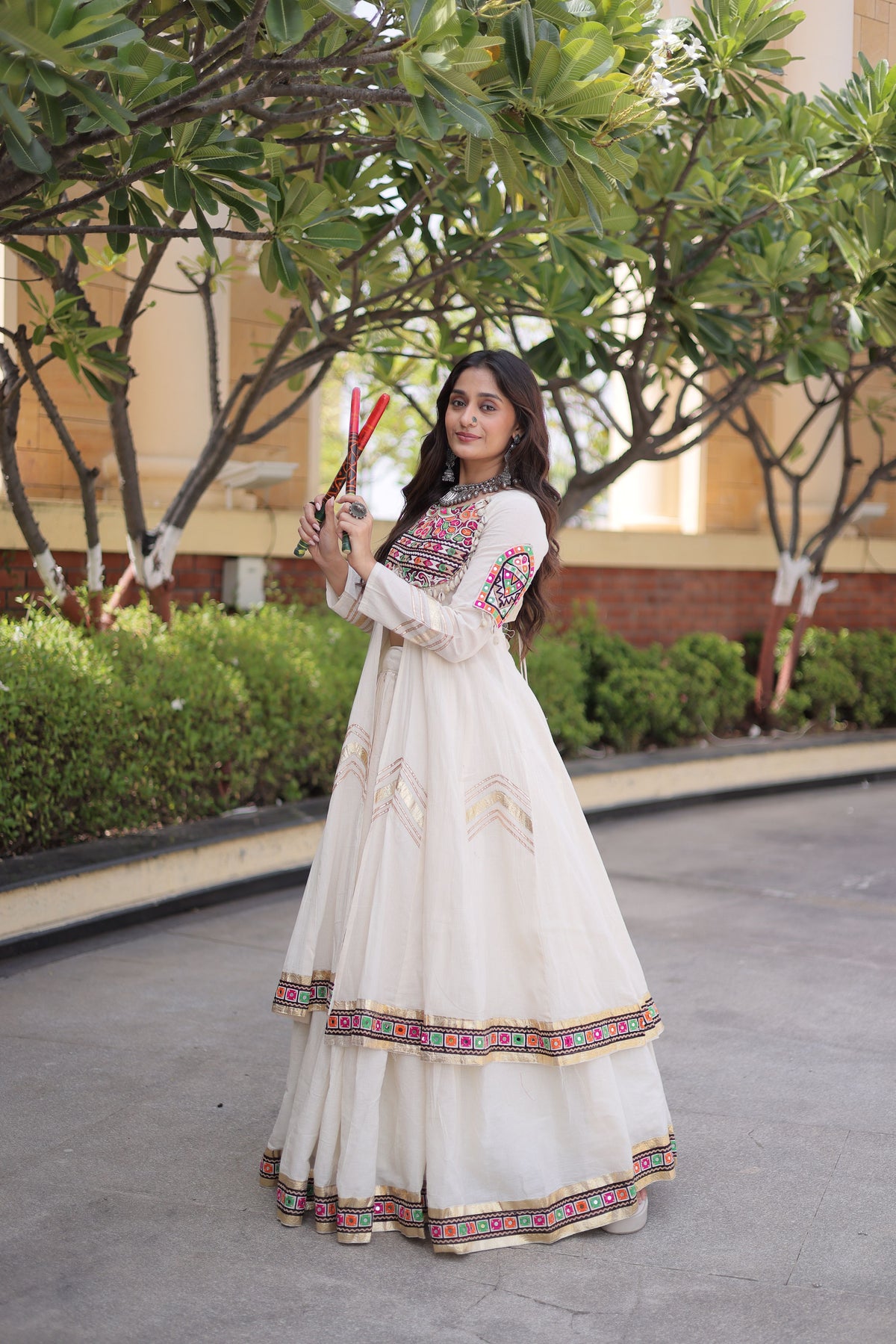 Kora Cotton Gamthi Work Navratri Lehenga With Shrug