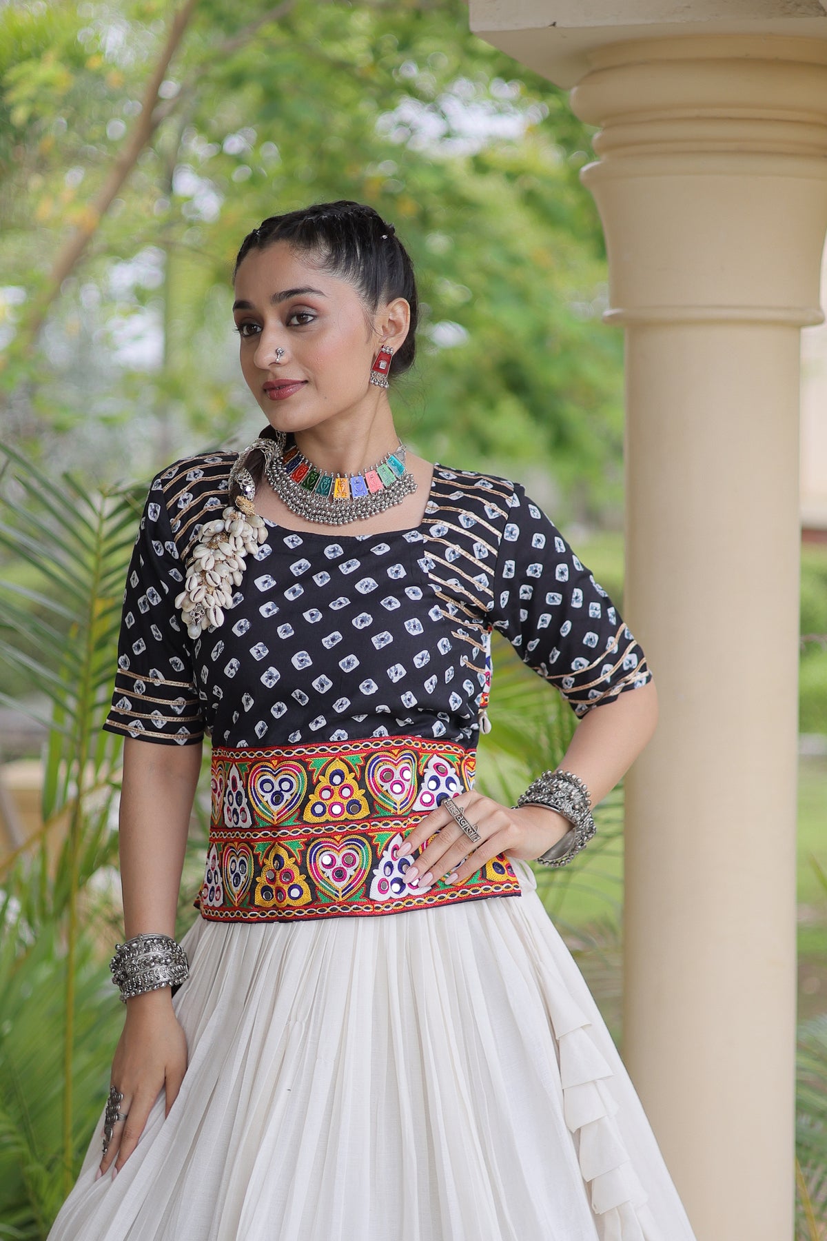 Kora Cotton Navratri Lehenga With Bandhej Printed Top