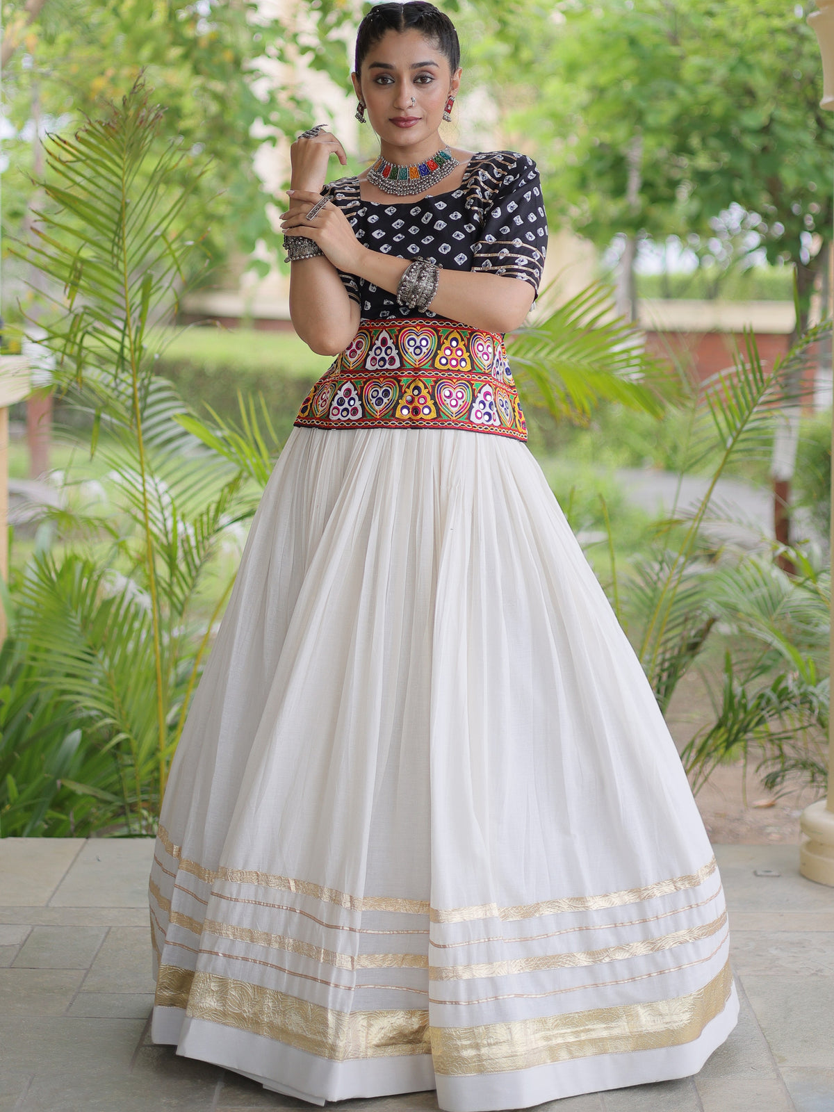 Kora Cotton Navratri Lehenga With Bandhej Printed Top