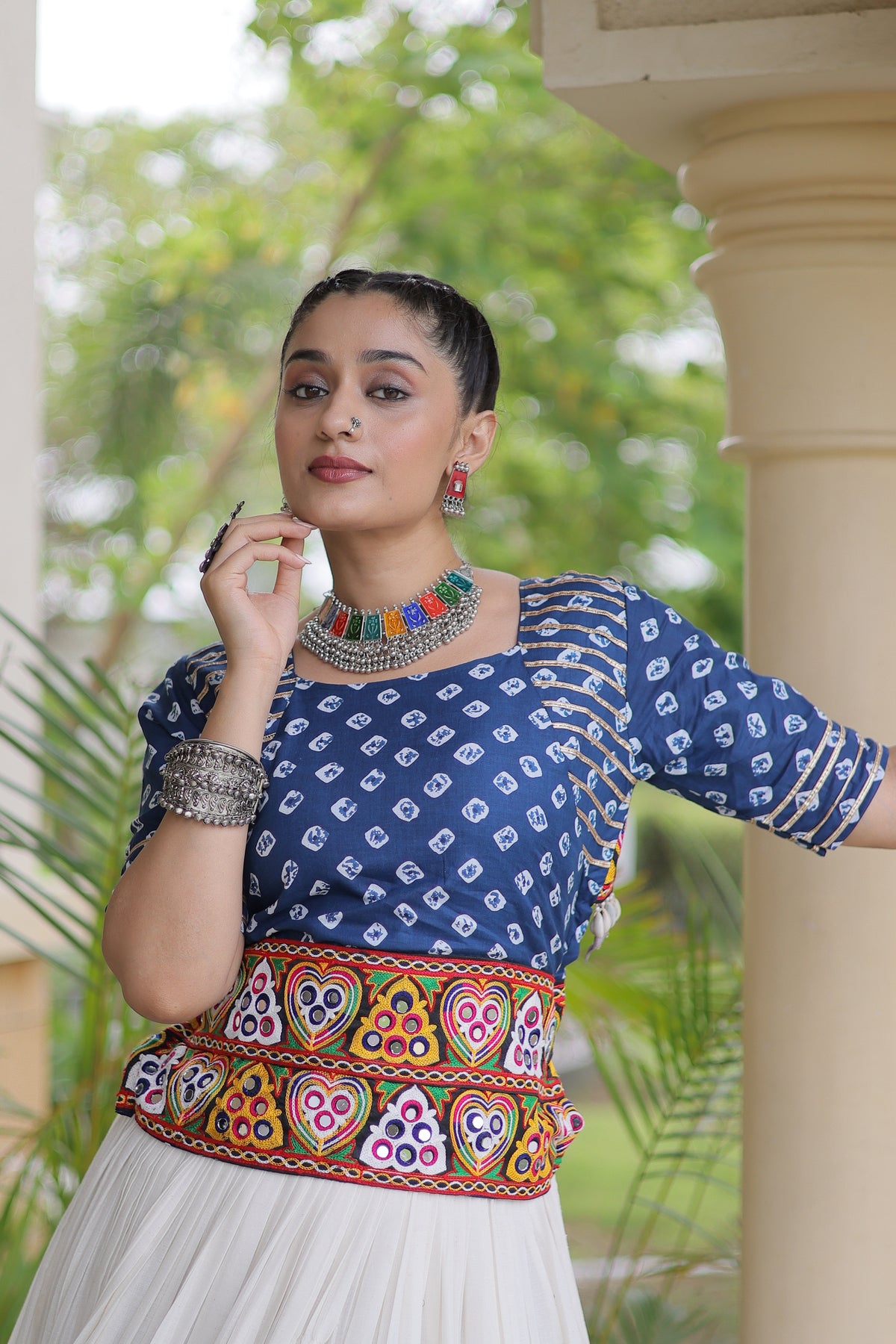 Kora Cotton Navratri Lehenga With Bandhej Printed Top