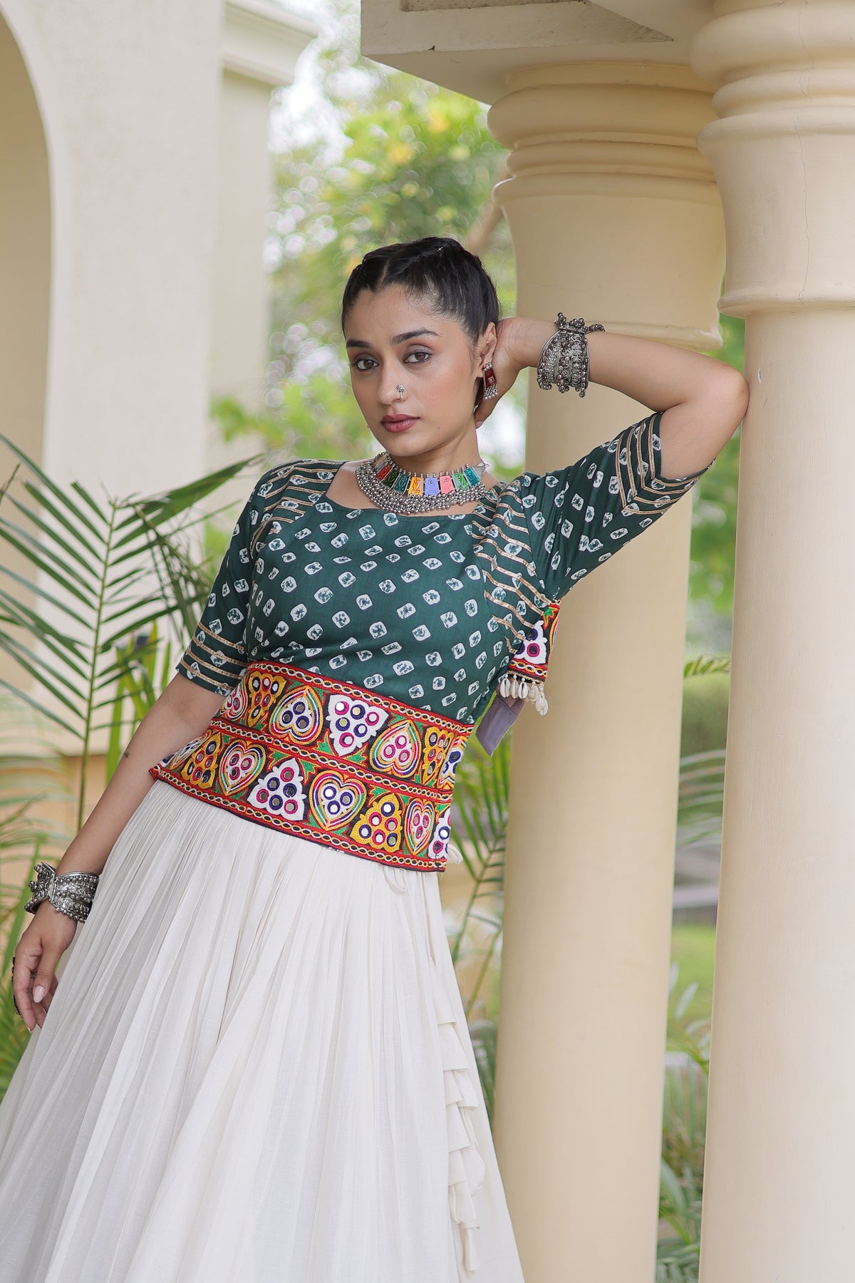 Kora Cotton Navratri Lehenga With Bandhej Printed Top