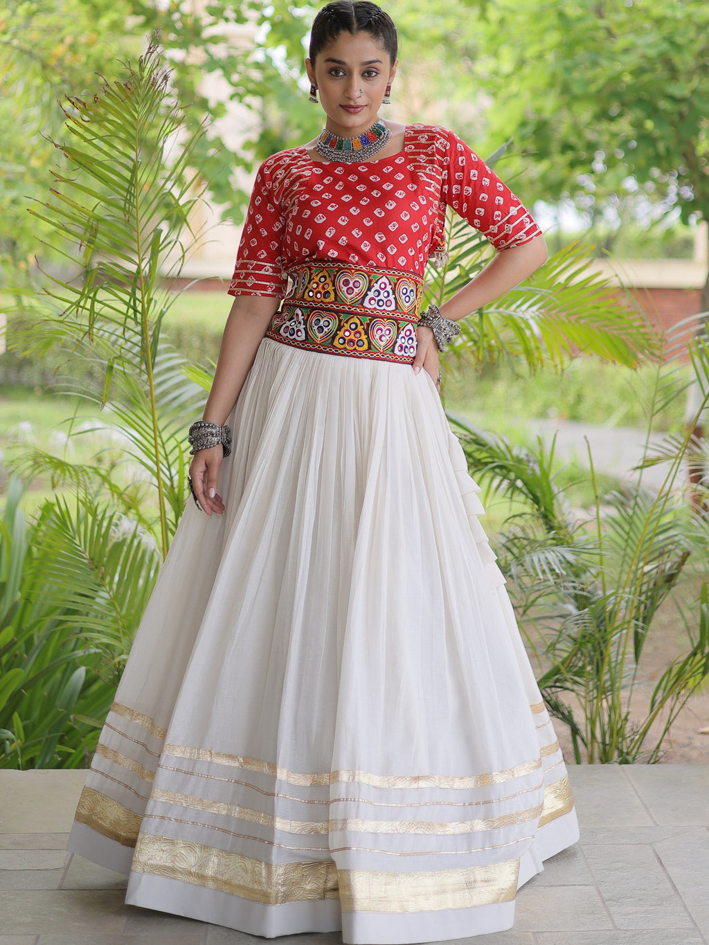 Kora Cotton Navratri Lehenga With Bandhej Printed Top