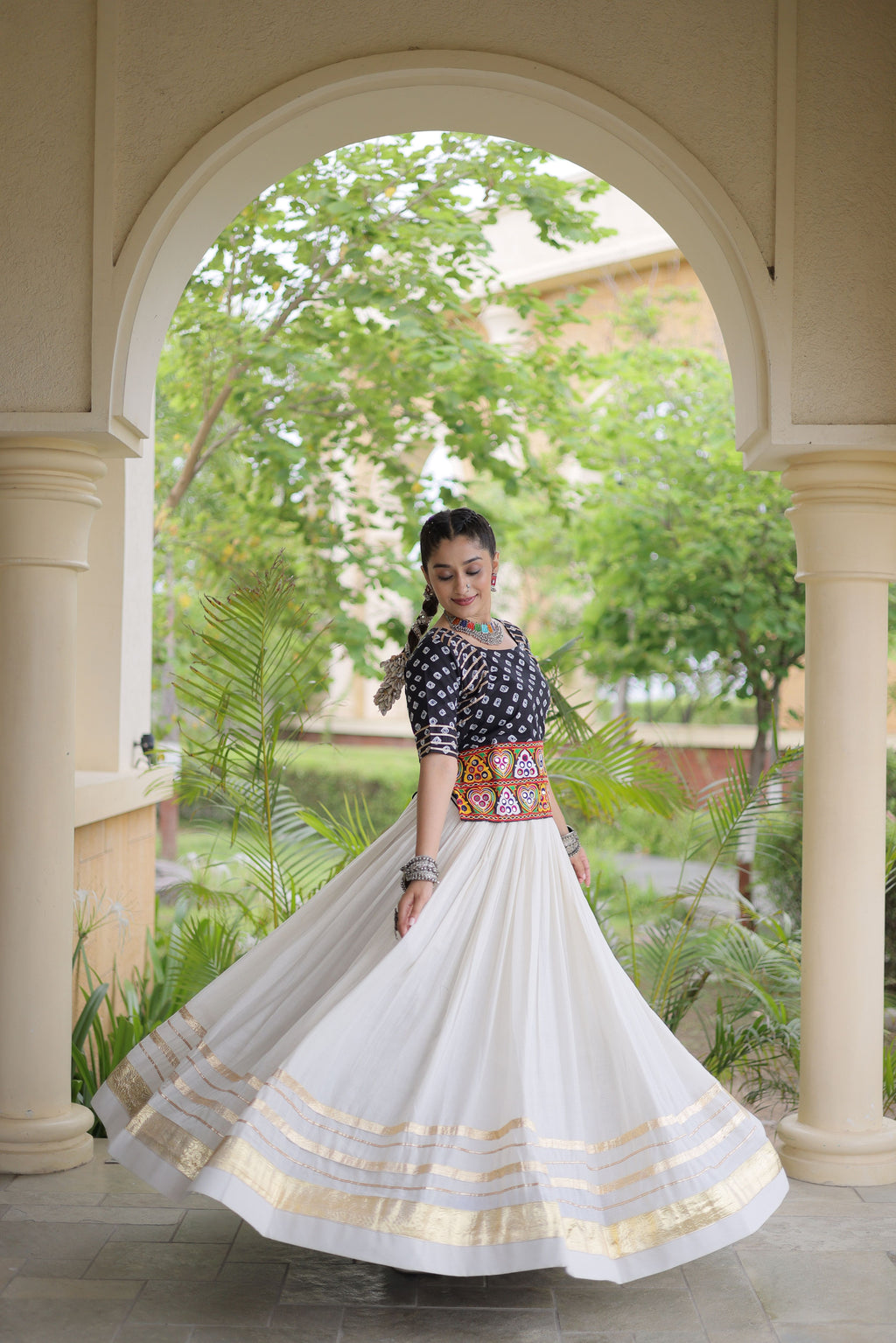 Kora Cotton Navratri Lehenga With Bandhej Printed Top