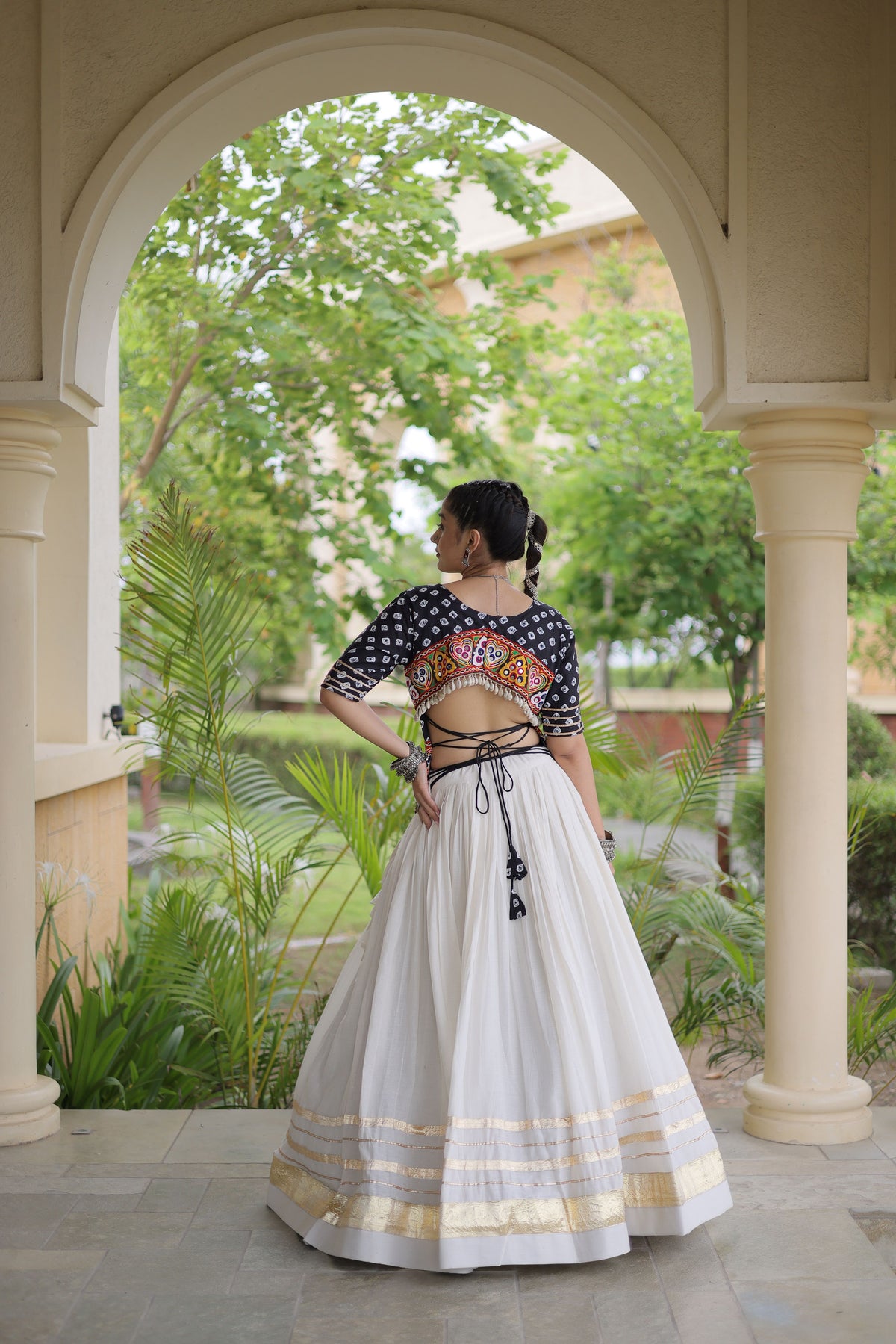 Kora Cotton Navratri Lehenga With Bandhej Printed Top