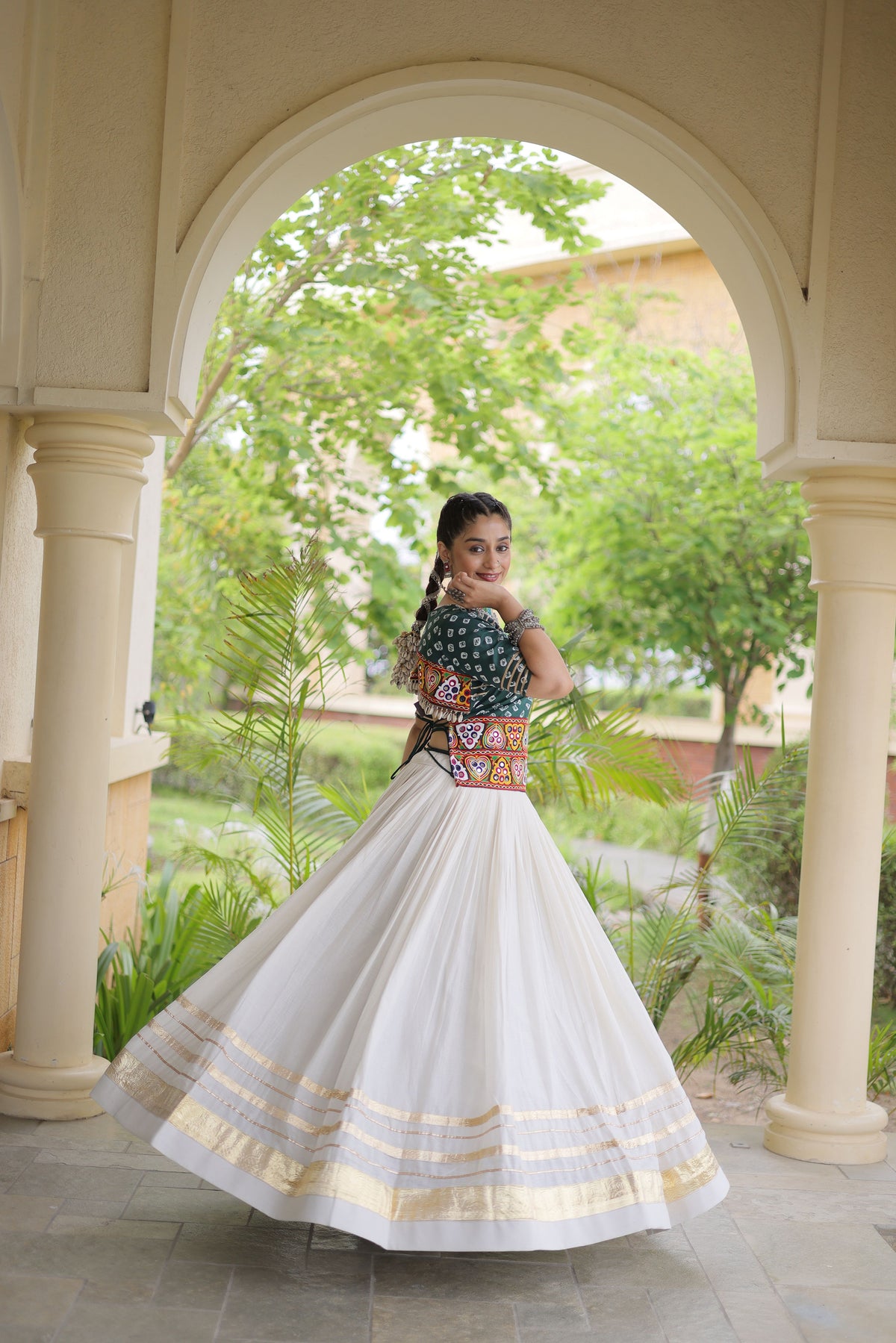 Kora Cotton Navratri Lehenga With Bandhej Printed Top
