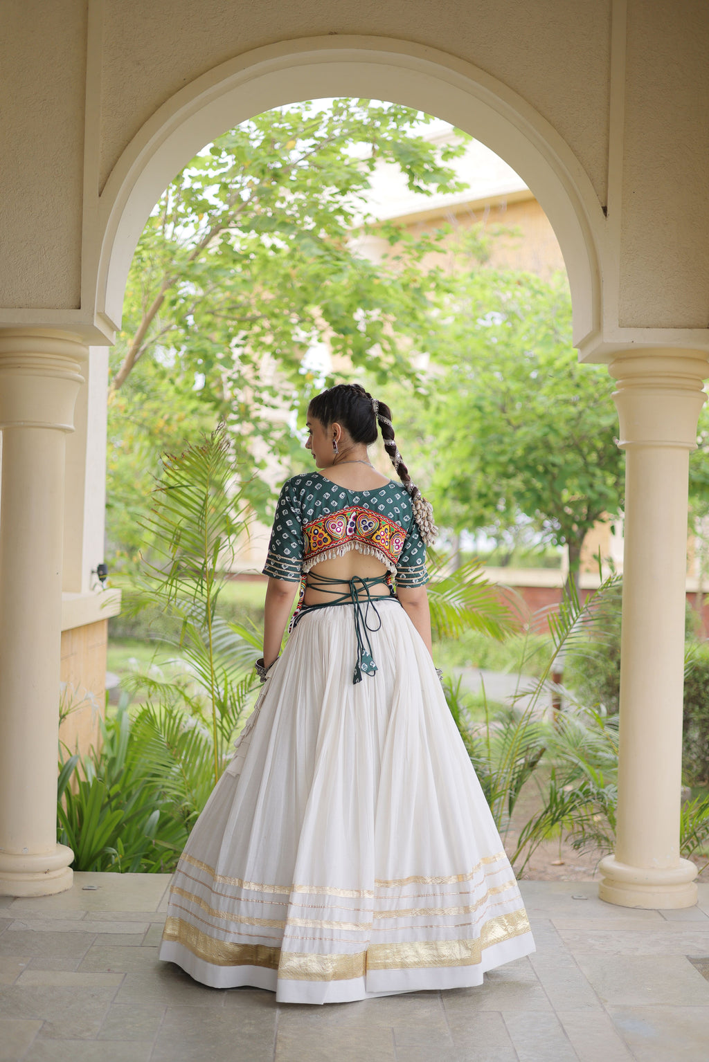 Kora Cotton Navratri Lehenga With Bandhej Printed Top
