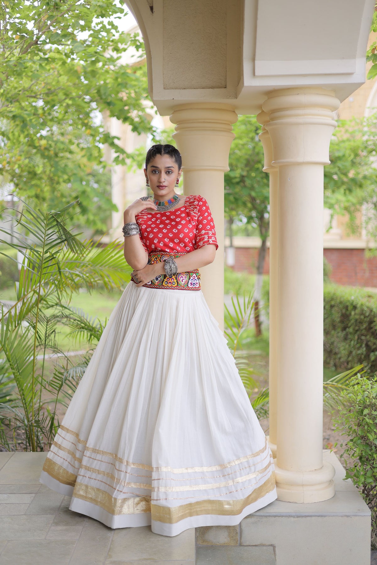 Kora Cotton Navratri Lehenga With Bandhej Printed Top