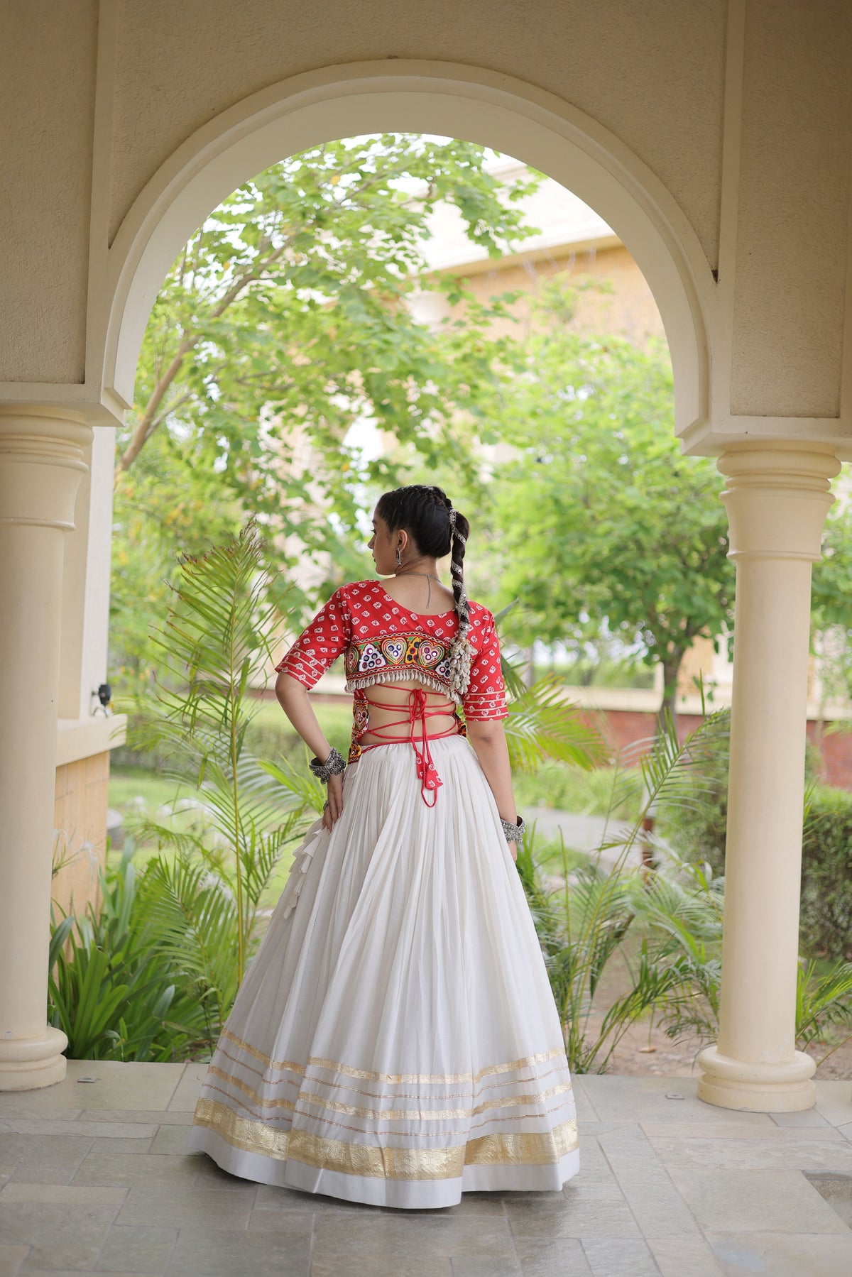 Kora Cotton Navratri Lehenga With Bandhej Printed Top