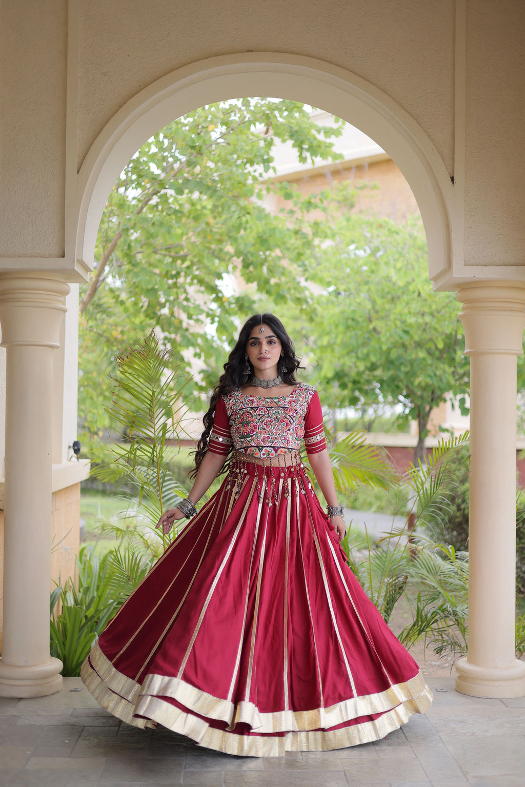Rayon Double Ghera Navratri Lehenga With Gamthi Blouse