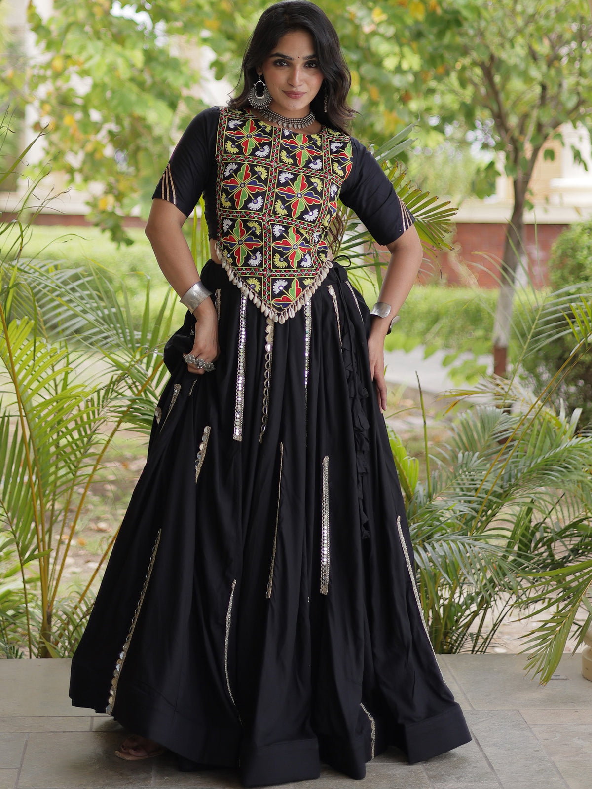 Rayon Thread Embroidered Navratri Lehenga