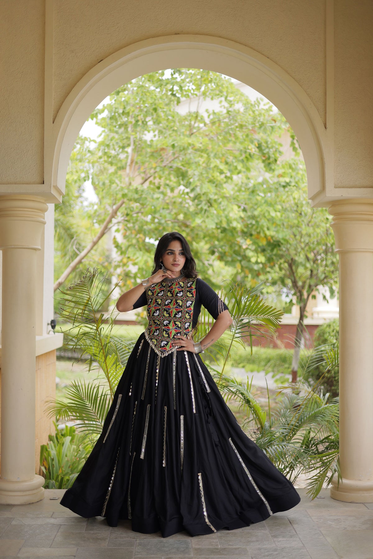 Rayon Thread Embroidered Navratri Lehenga