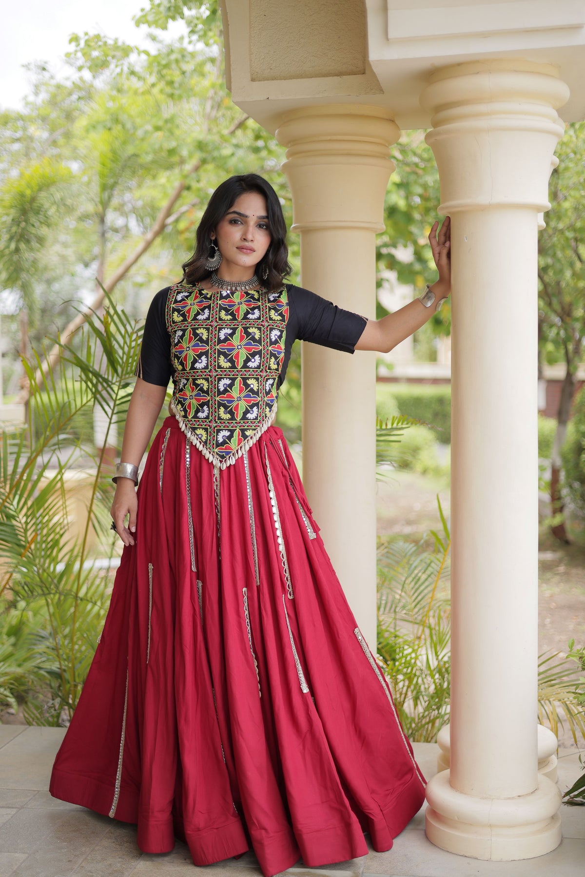 Rayon Thread Embroidered Navratri Lehenga